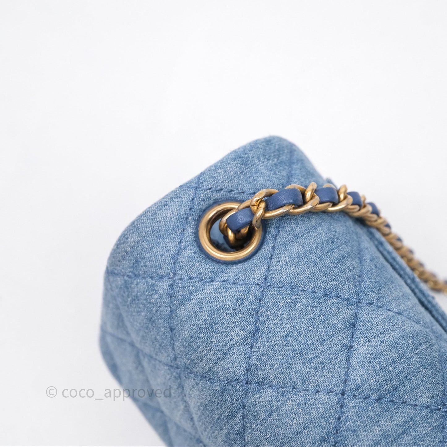 Chanel Mini Square Pearl Crush Quilted Denim Aged Gold Hardware