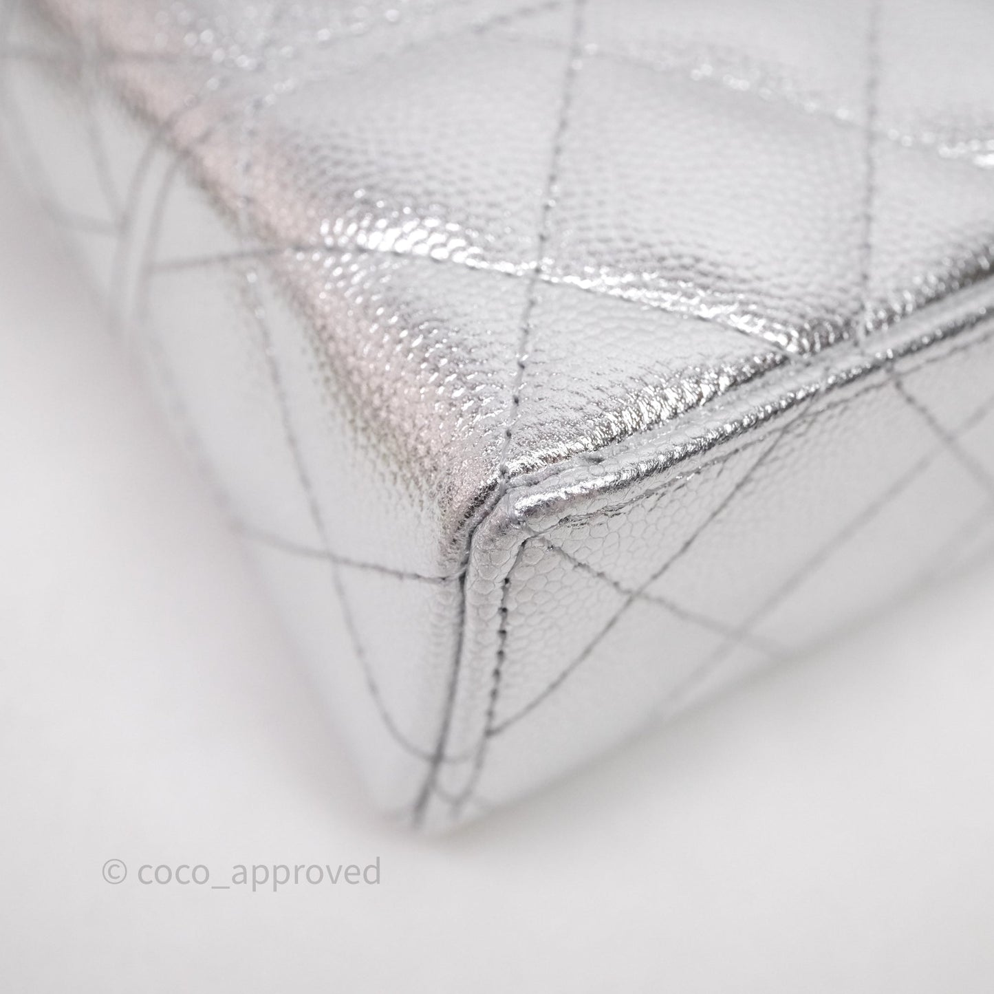 Chanel Top Handle Long Vanity Case with Chain Metallic Silver Shiny Caviar Silver Hardware