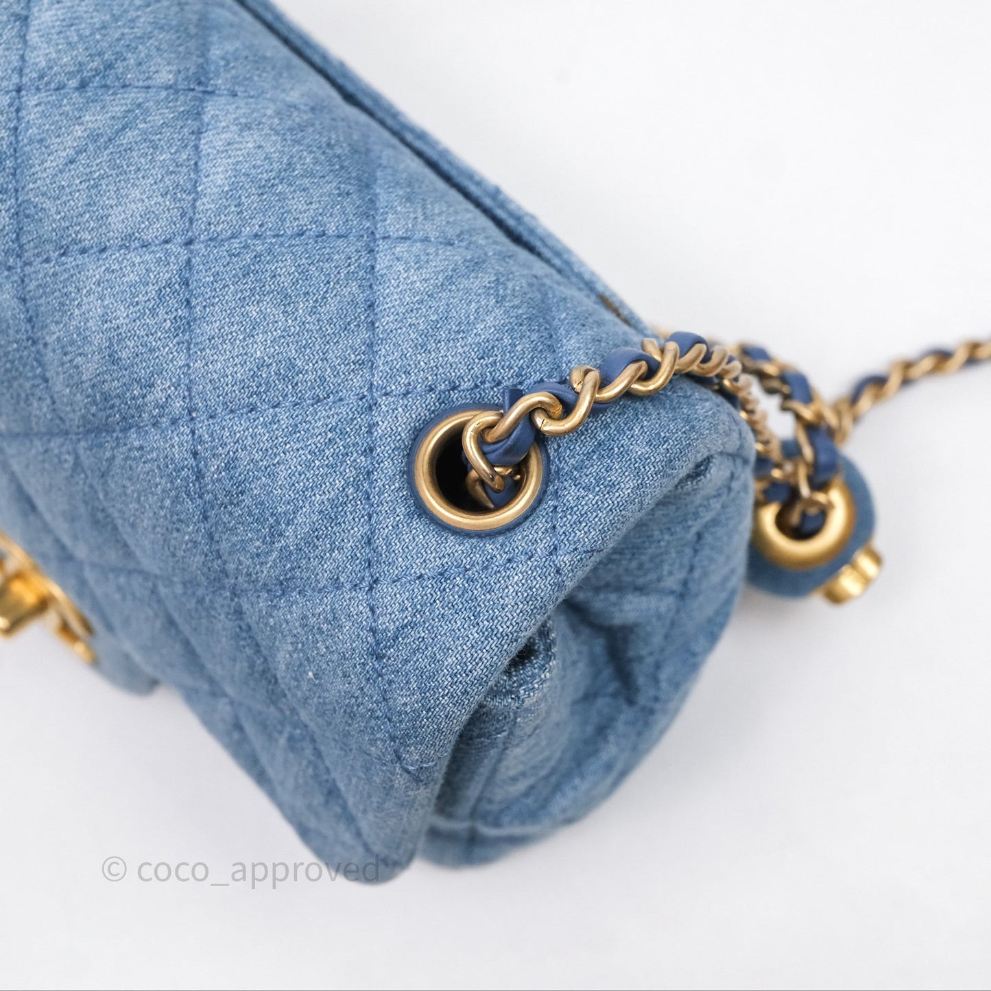 Chanel Mini Square Pearl Crush Quilted Denim Aged Gold Hardware
