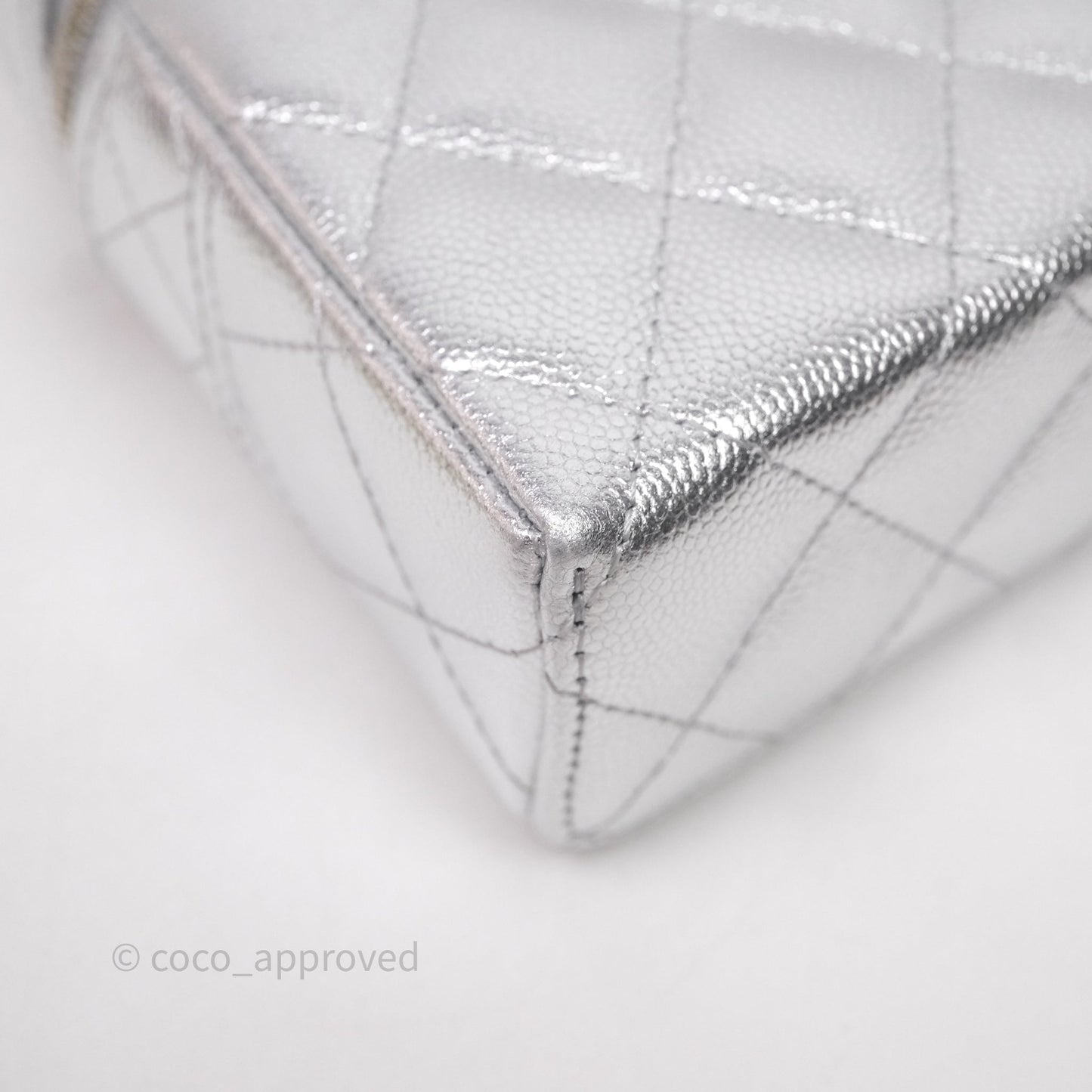Chanel Top Handle Long Vanity Case with Chain Metallic Silver Shiny Caviar Silver Hardware