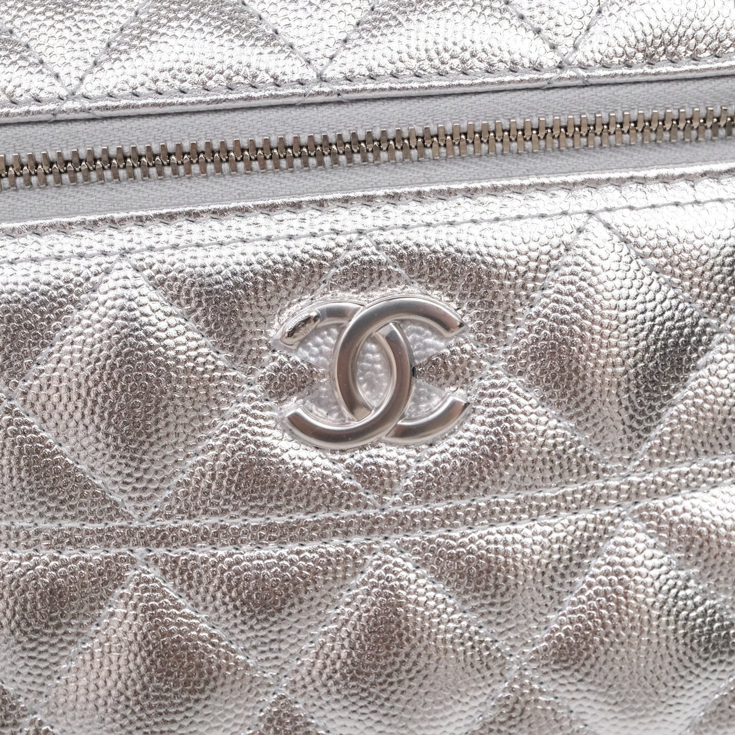 Chanel Top Handle Long Vanity Case with Chain Metallic Silver Shiny Caviar Silver Hardware