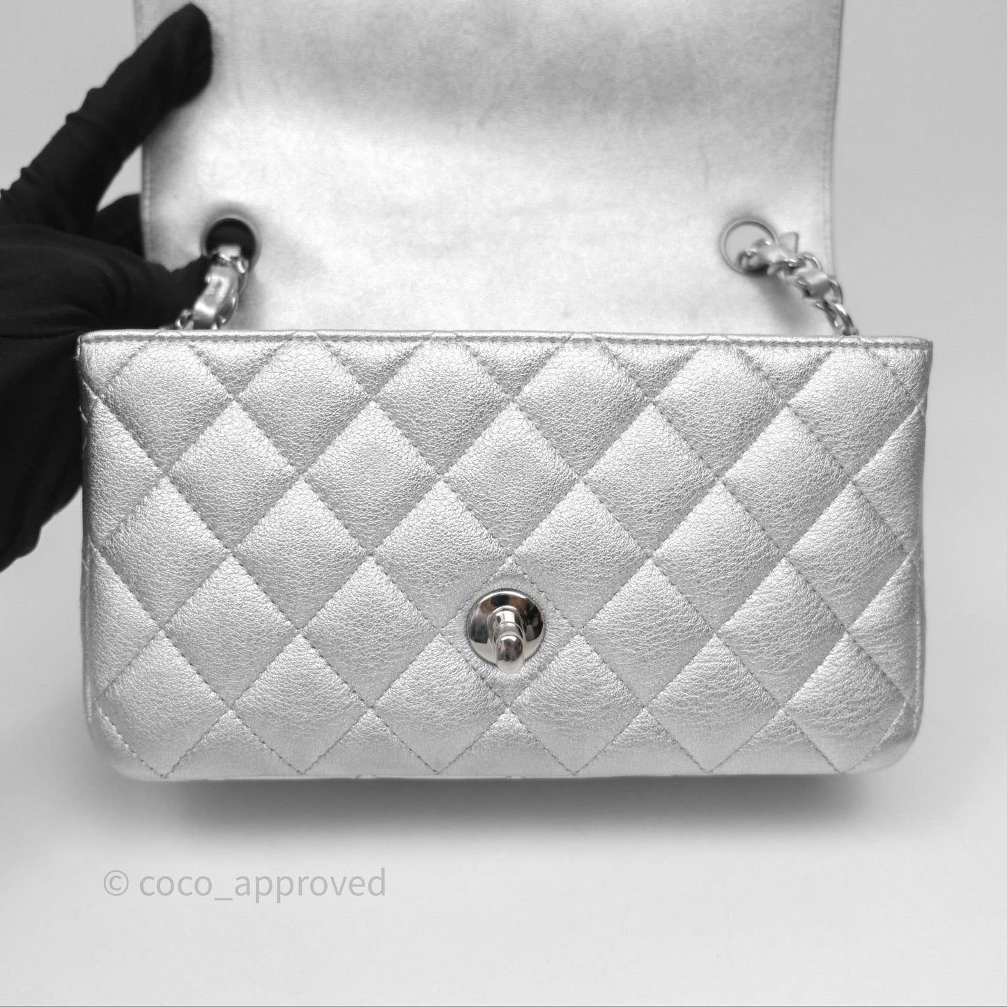 Chanel Quilted Mini Rectangular Flap Metallic Silver Lambskin Silver Hardware