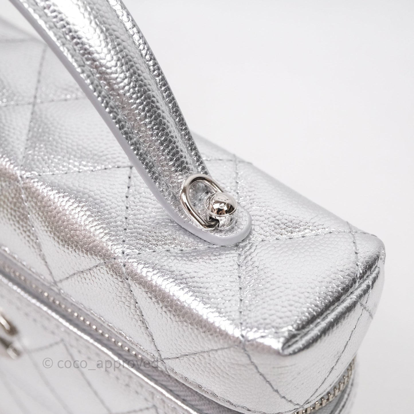 Chanel Top Handle Long Vanity Case with Chain Metallic Silver Shiny Caviar Silver Hardware