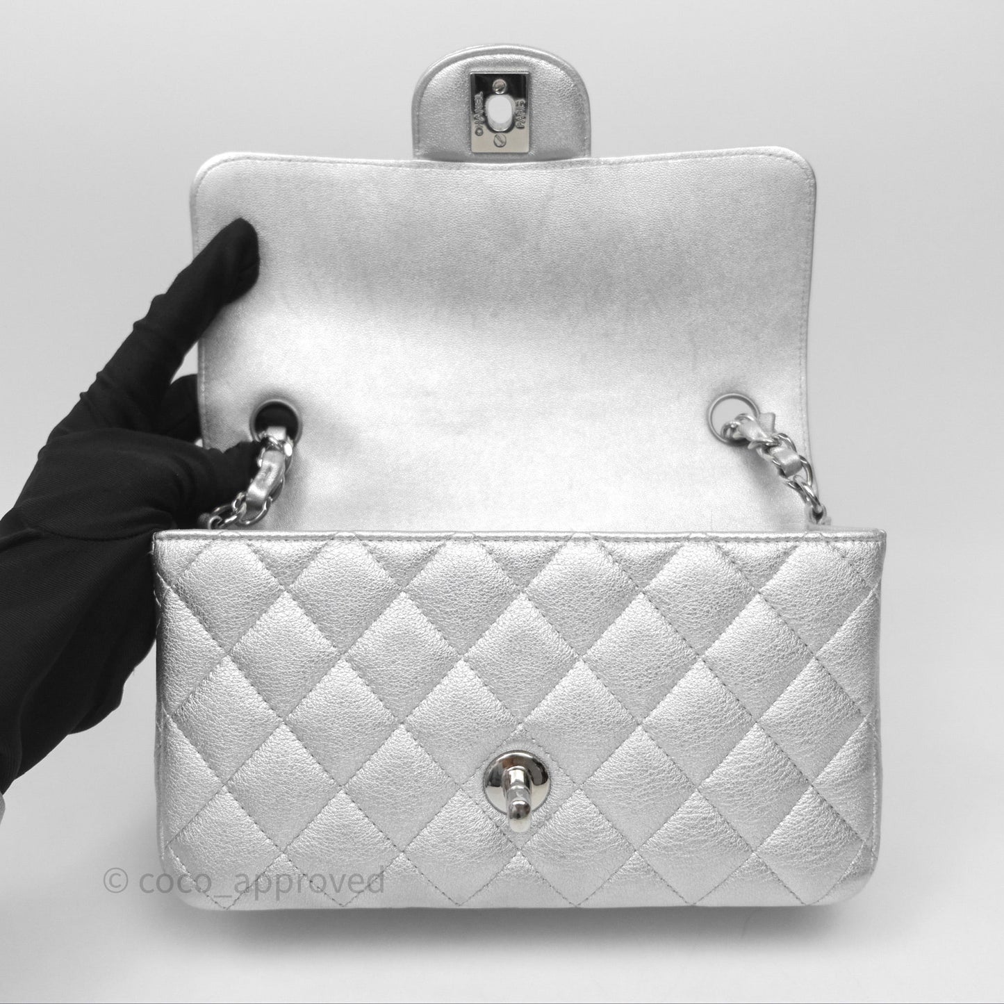 Chanel Quilted Mini Rectangular Flap Metallic Silver Lambskin Silver Hardware