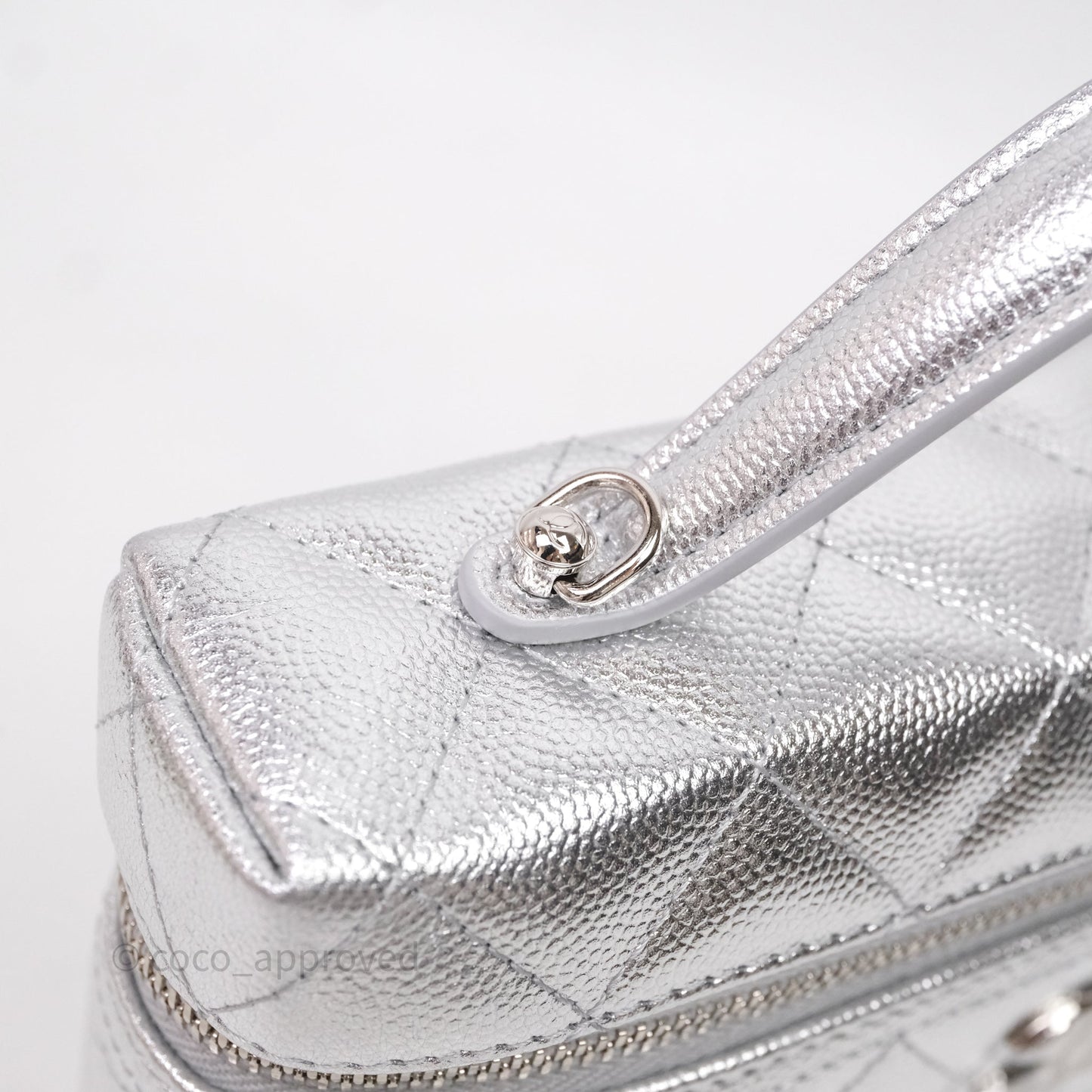 Chanel Top Handle Long Vanity Case with Chain Metallic Silver Shiny Caviar Silver Hardware