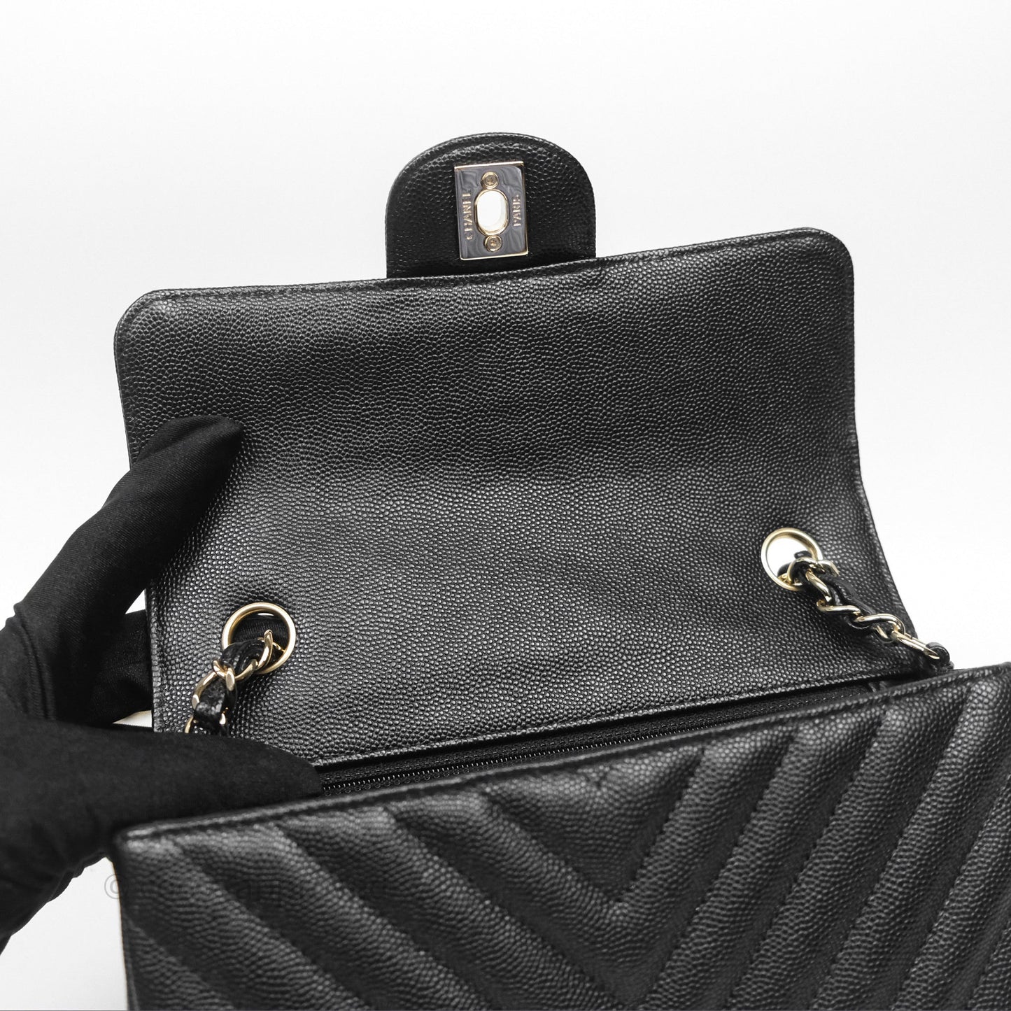 Chanel Mini Rectangular Chevron Black Caviar Gold Hardware