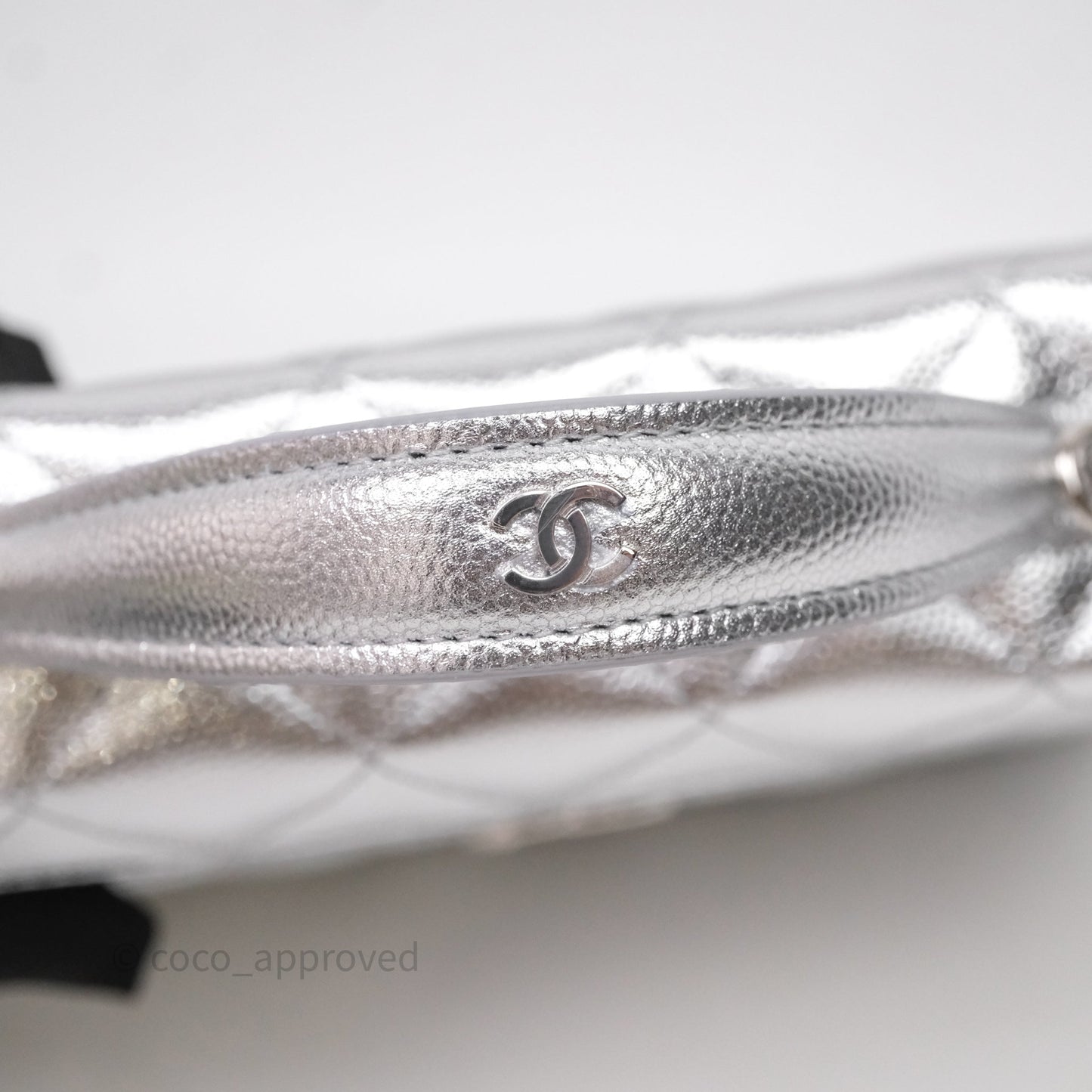 Chanel Top Handle Long Vanity Case with Chain Metallic Silver Shiny Caviar Silver Hardware