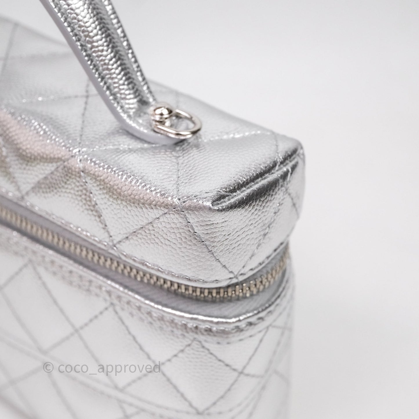Chanel Top Handle Long Vanity Case with Chain Metallic Silver Shiny Caviar Silver Hardware