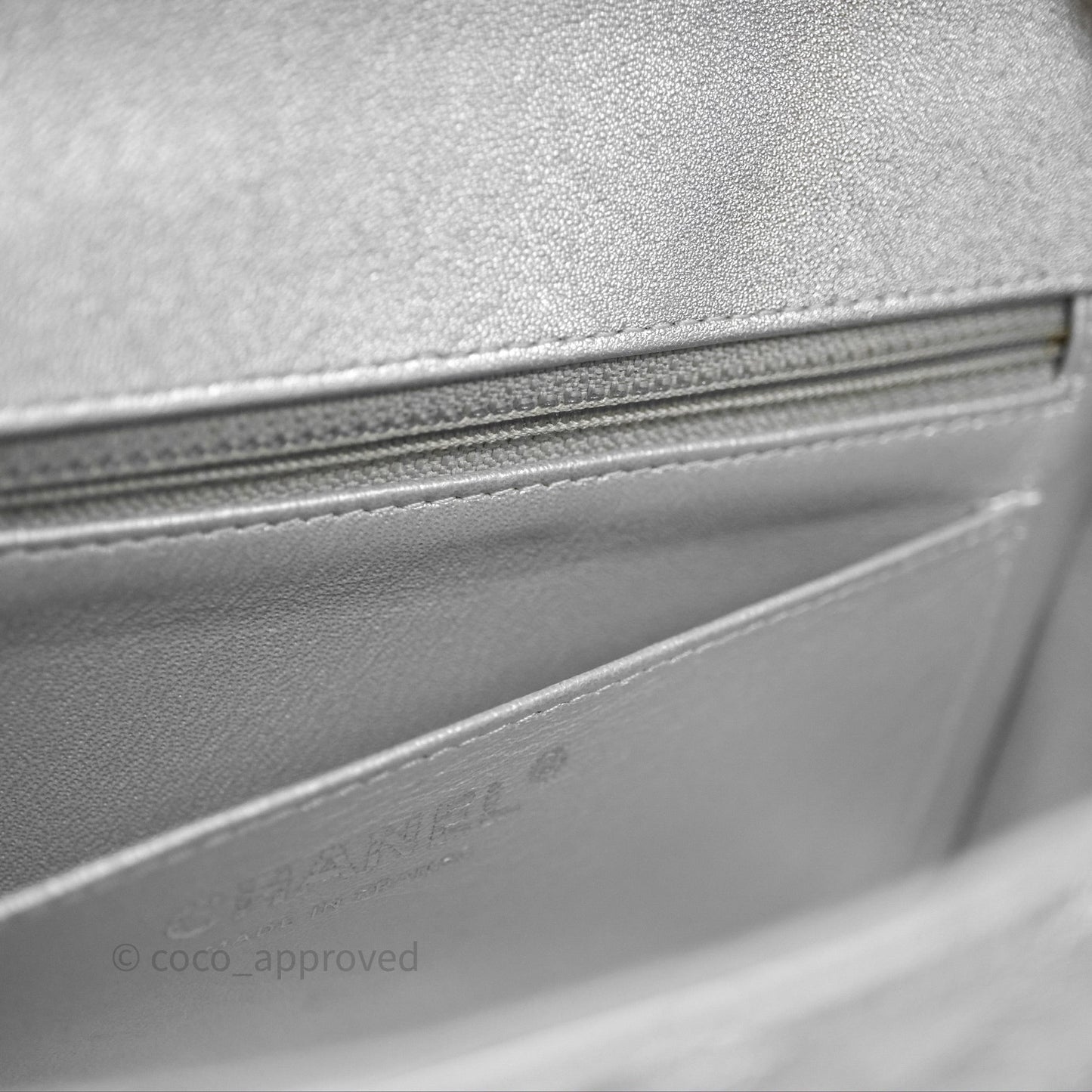 Chanel Quilted Mini Rectangular Flap Metallic Silver Lambskin Silver Hardware