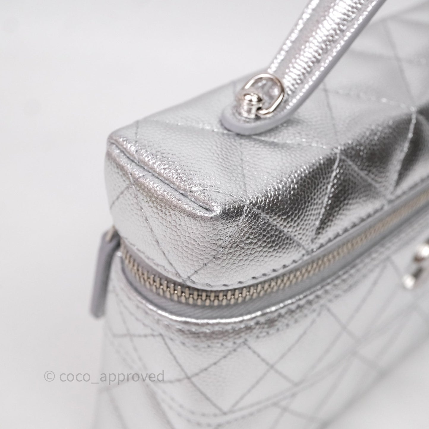 Chanel Top Handle Long Vanity Case with Chain Metallic Silver Shiny Caviar Silver Hardware