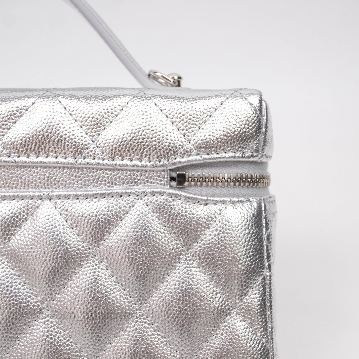 Chanel Top Handle Long Vanity Case with Chain Metallic Silver Shiny Caviar Silver Hardware