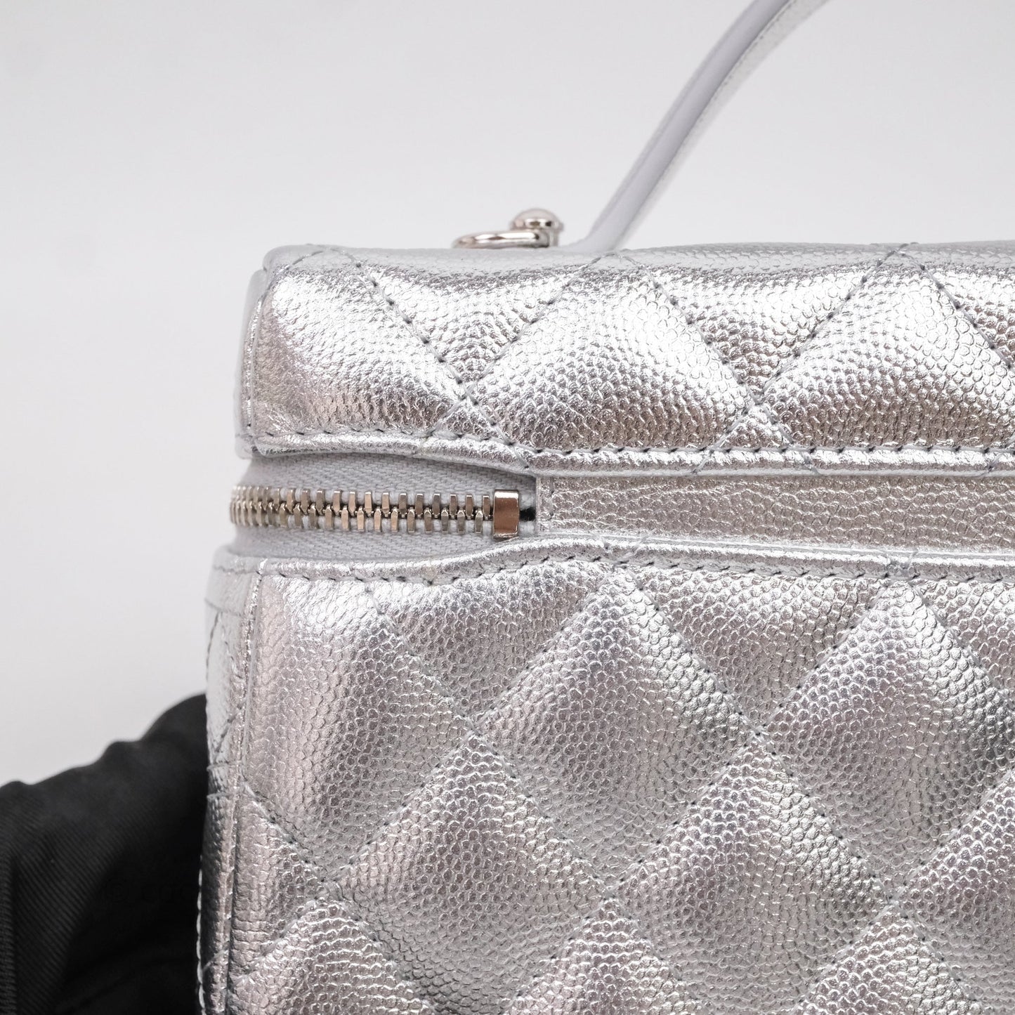Chanel Top Handle Long Vanity Case with Chain Metallic Silver Shiny Caviar Silver Hardware