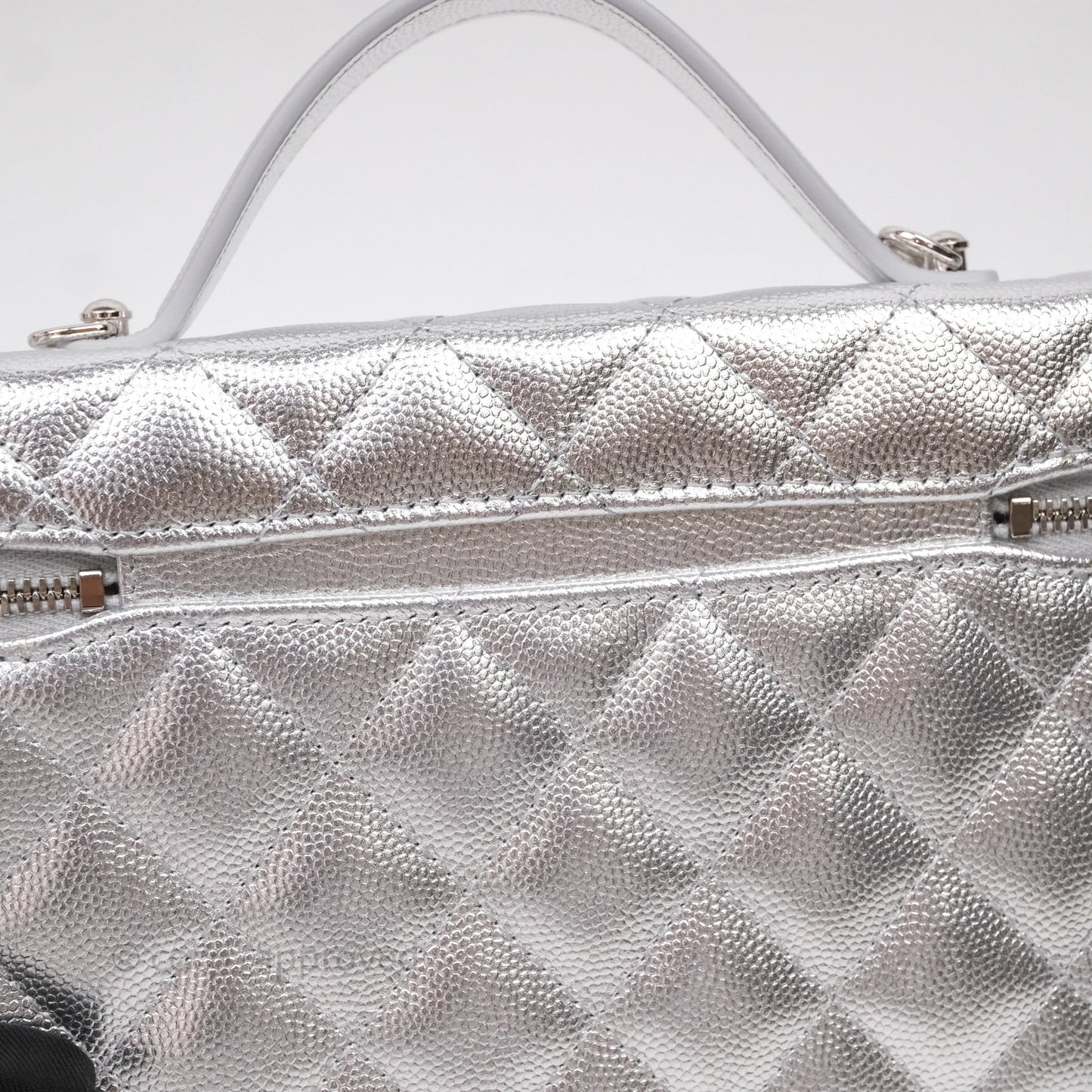 Chanel Top Handle Long Vanity Case with Chain Metallic Silver Shiny Caviar Silver Hardware