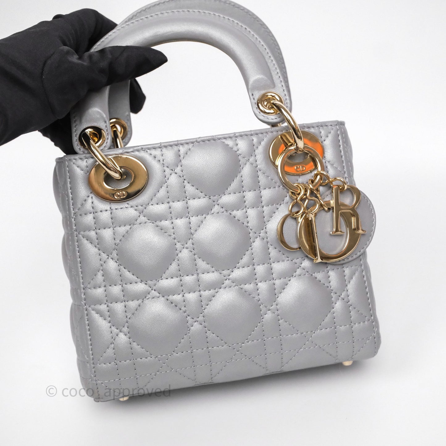 Christian Dior Mini Lady Dior Iridescent Grey Lambskin Cannage Gold Hardware