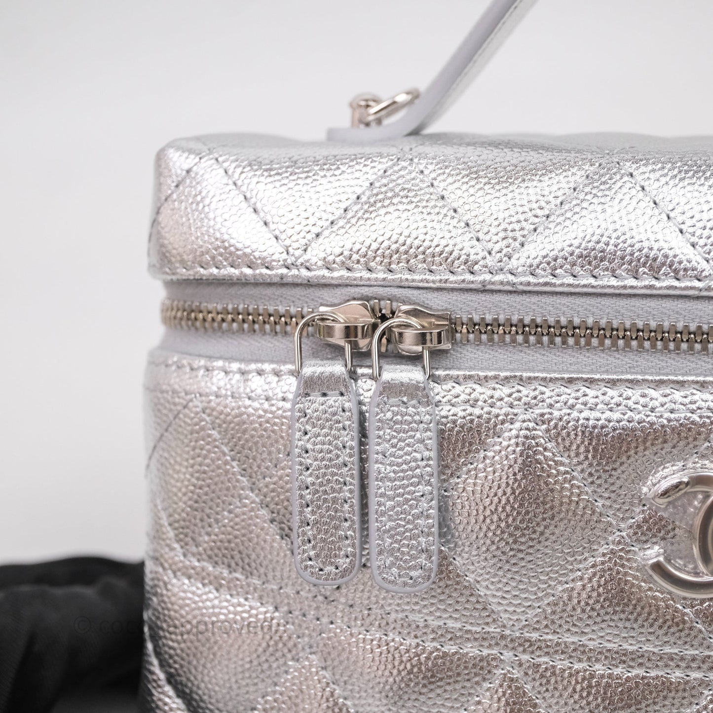 Chanel Top Handle Long Vanity Case with Chain Metallic Silver Shiny Caviar Silver Hardware