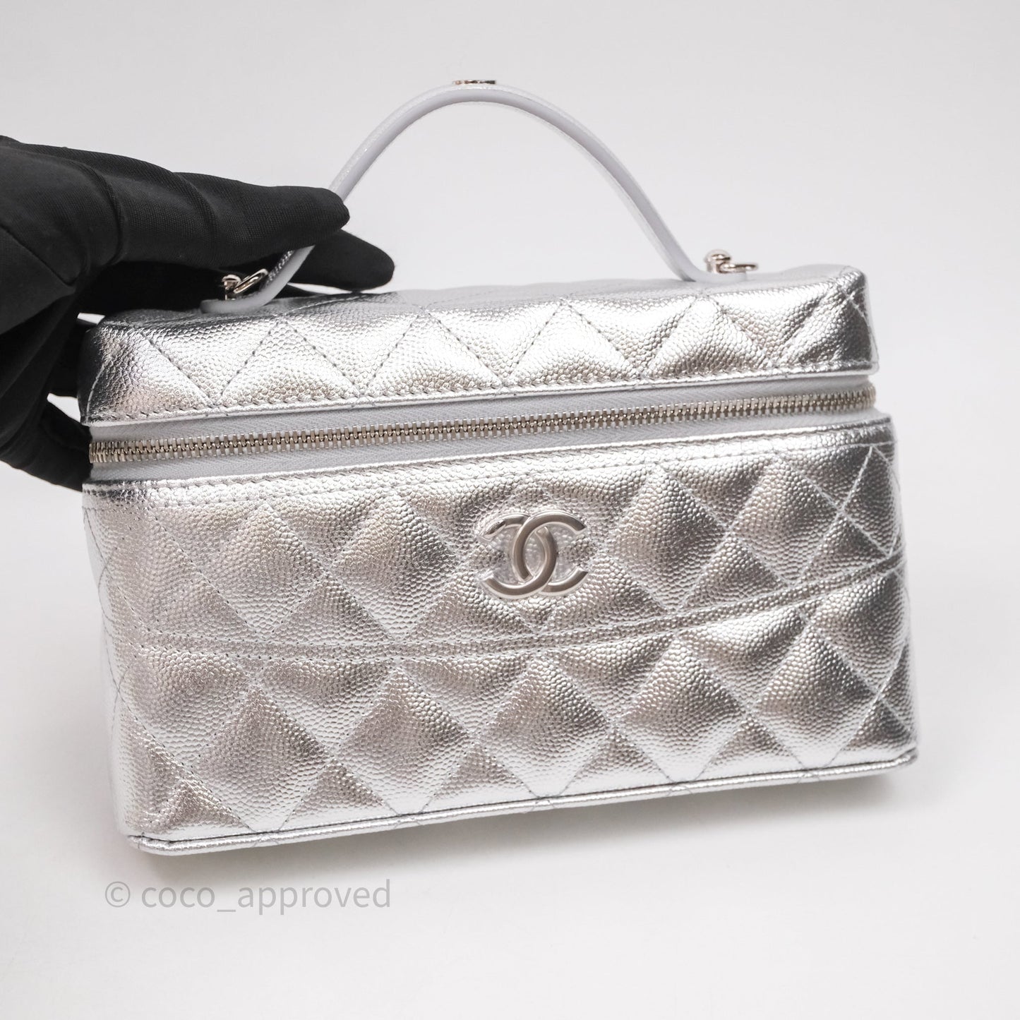 Chanel Top Handle Long Vanity Case with Chain Metallic Silver Shiny Caviar Silver Hardware