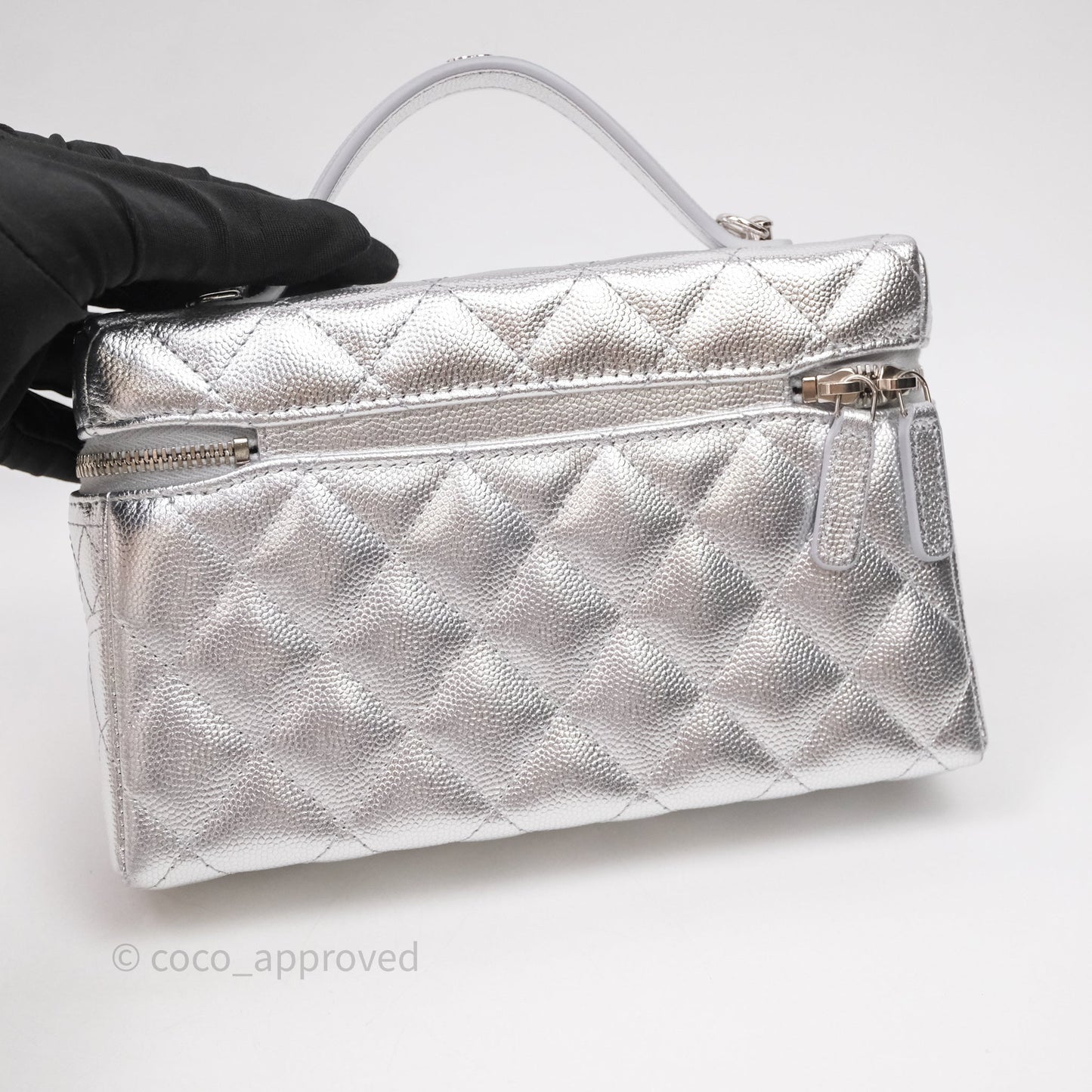 Chanel Top Handle Long Vanity Case with Chain Metallic Silver Shiny Caviar Silver Hardware