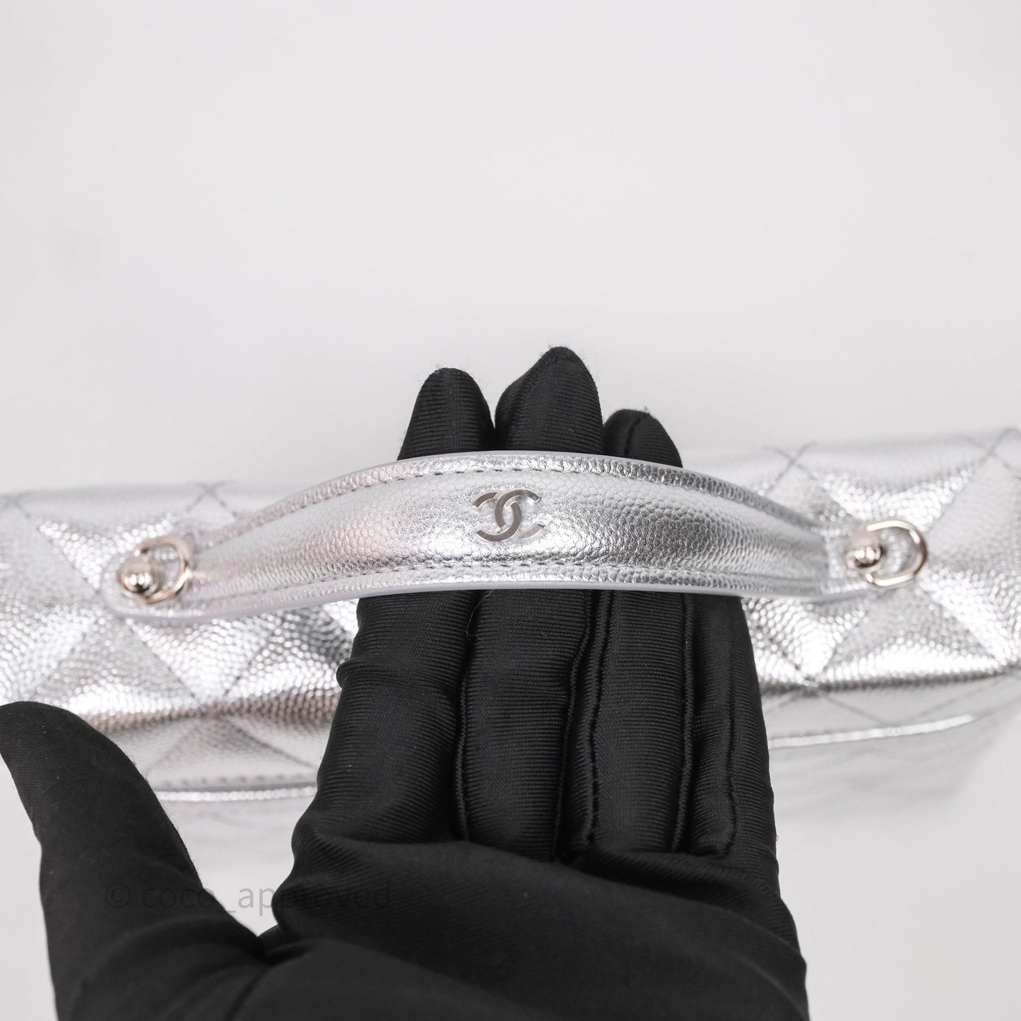 Chanel Top Handle Long Vanity Case with Chain Metallic Silver Shiny Caviar Silver Hardware
