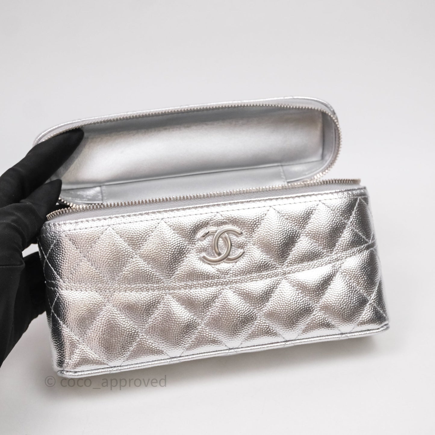 Chanel Top Handle Long Vanity Case with Chain Metallic Silver Shiny Caviar Silver Hardware