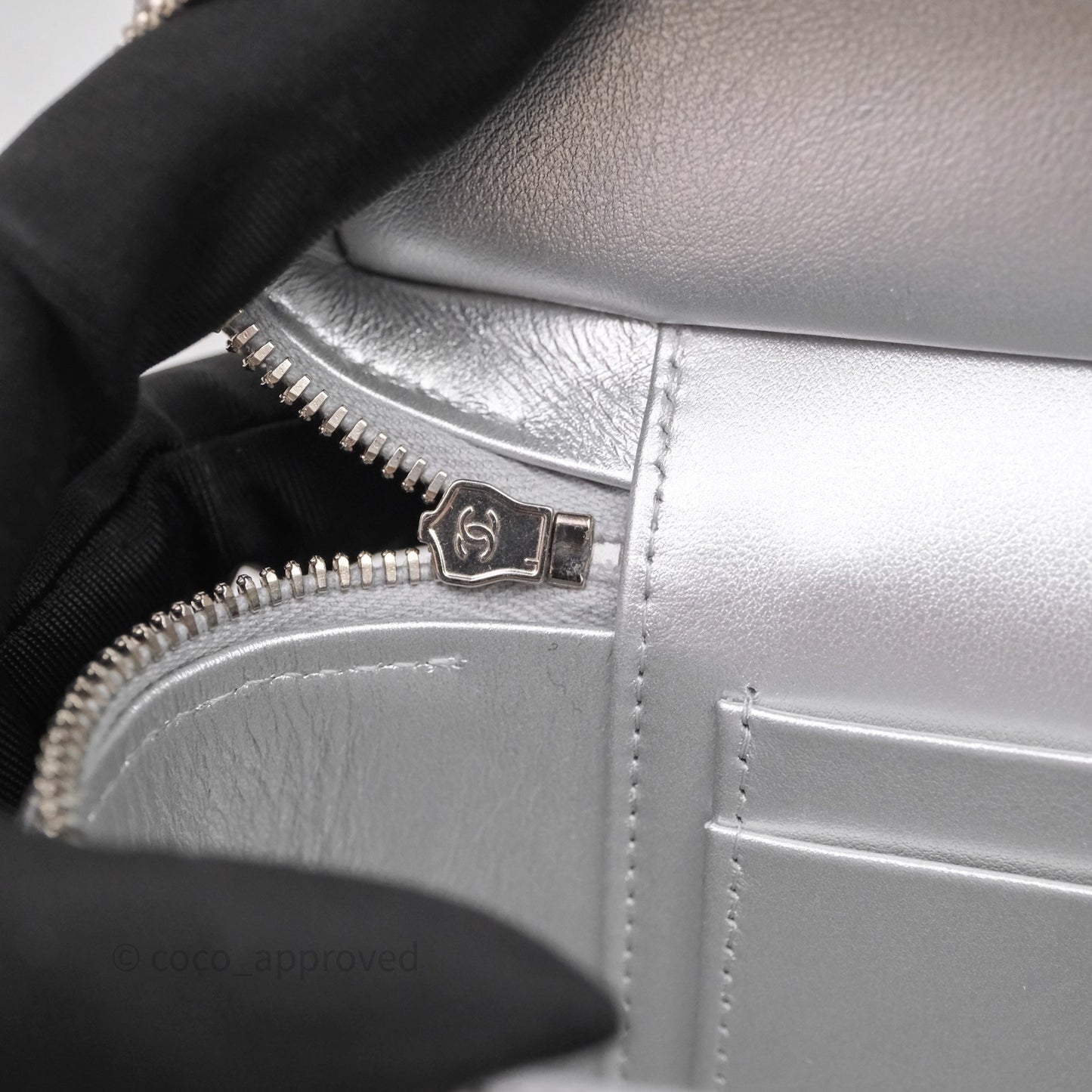 Chanel Top Handle Long Vanity Case with Chain Metallic Silver Shiny Caviar Silver Hardware