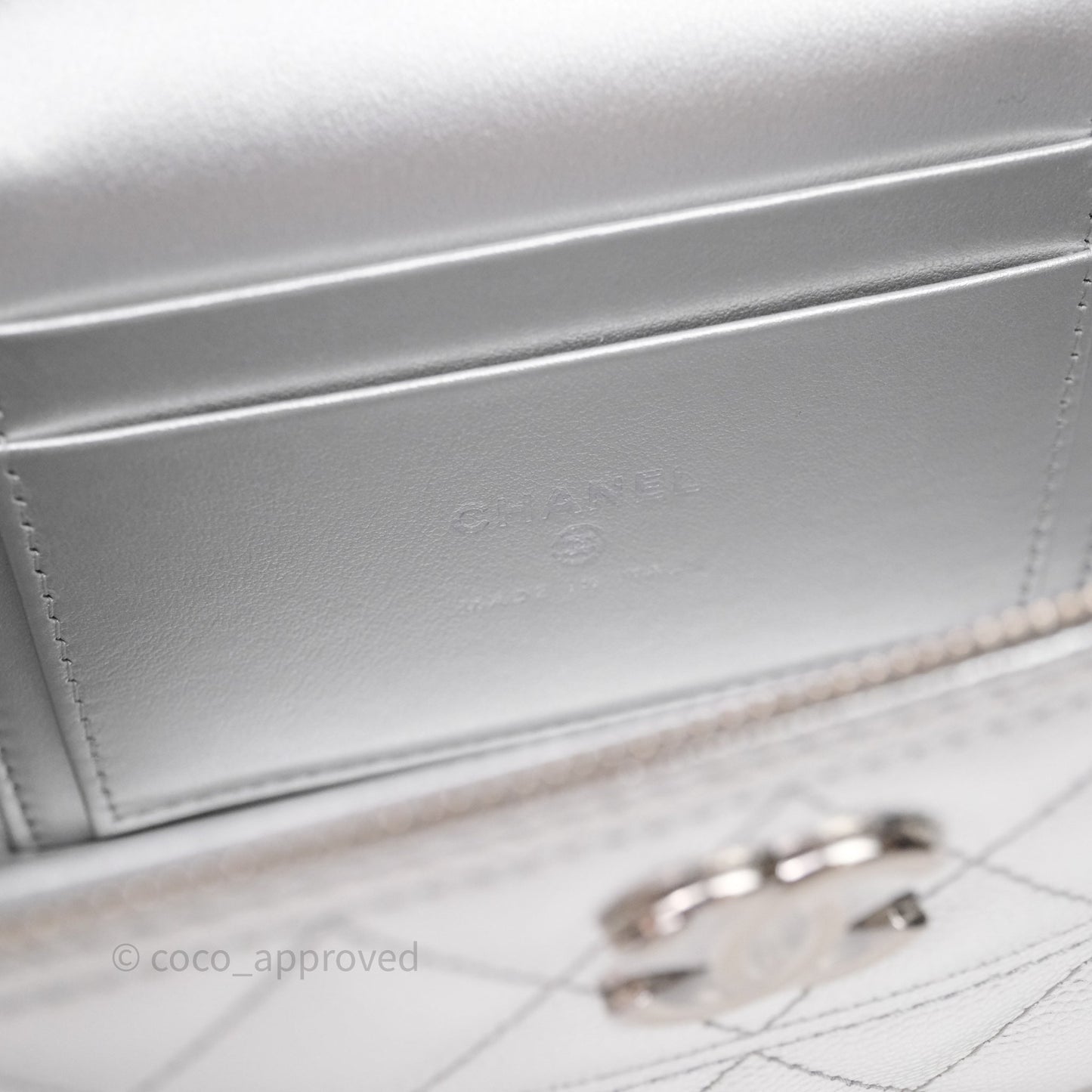 Chanel Top Handle Long Vanity Case with Chain Metallic Silver Shiny Caviar Silver Hardware