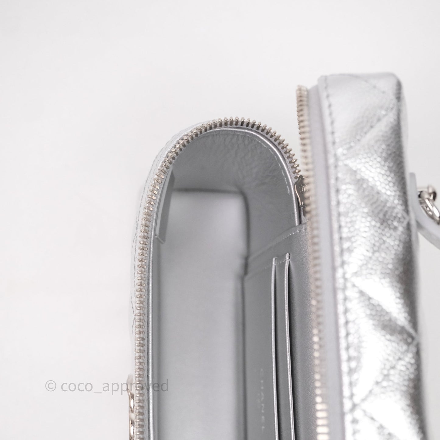 Chanel Top Handle Long Vanity Case with Chain Metallic Silver Shiny Caviar Silver Hardware