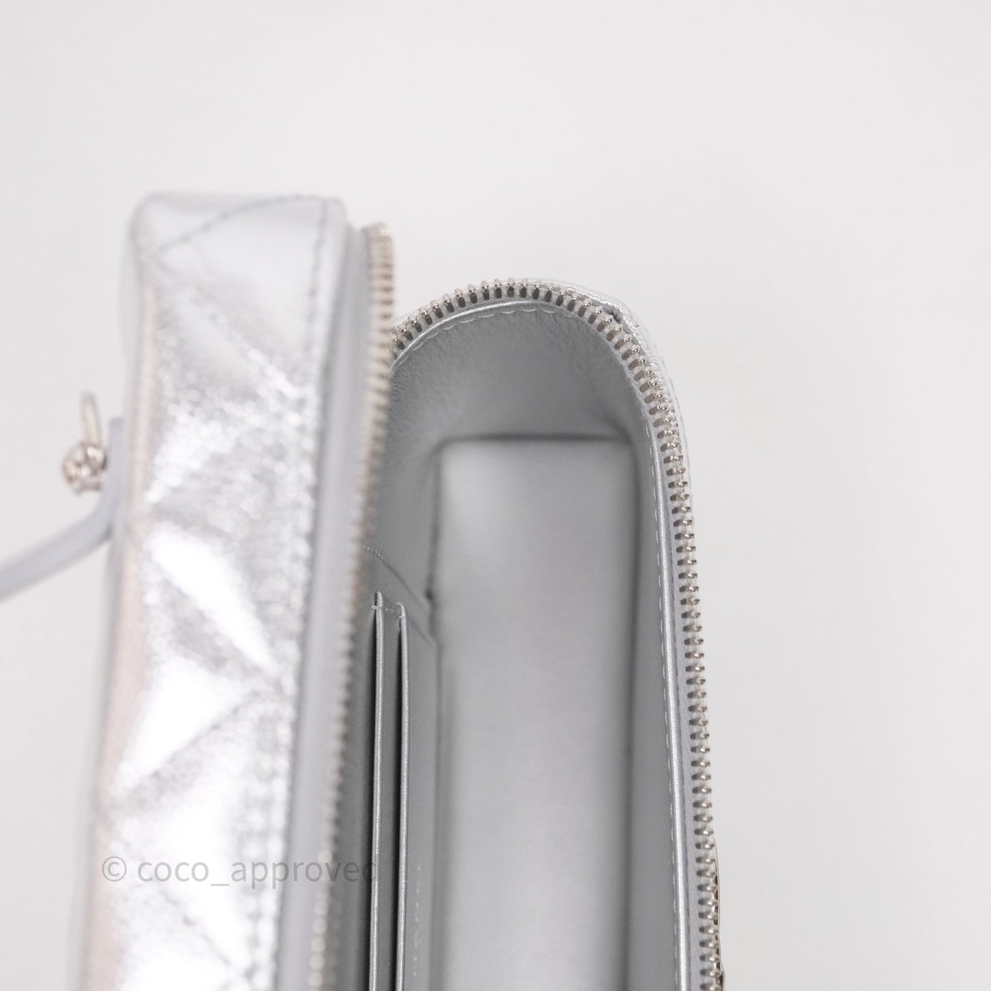 Chanel Top Handle Long Vanity Case with Chain Metallic Silver Shiny Caviar Silver Hardware