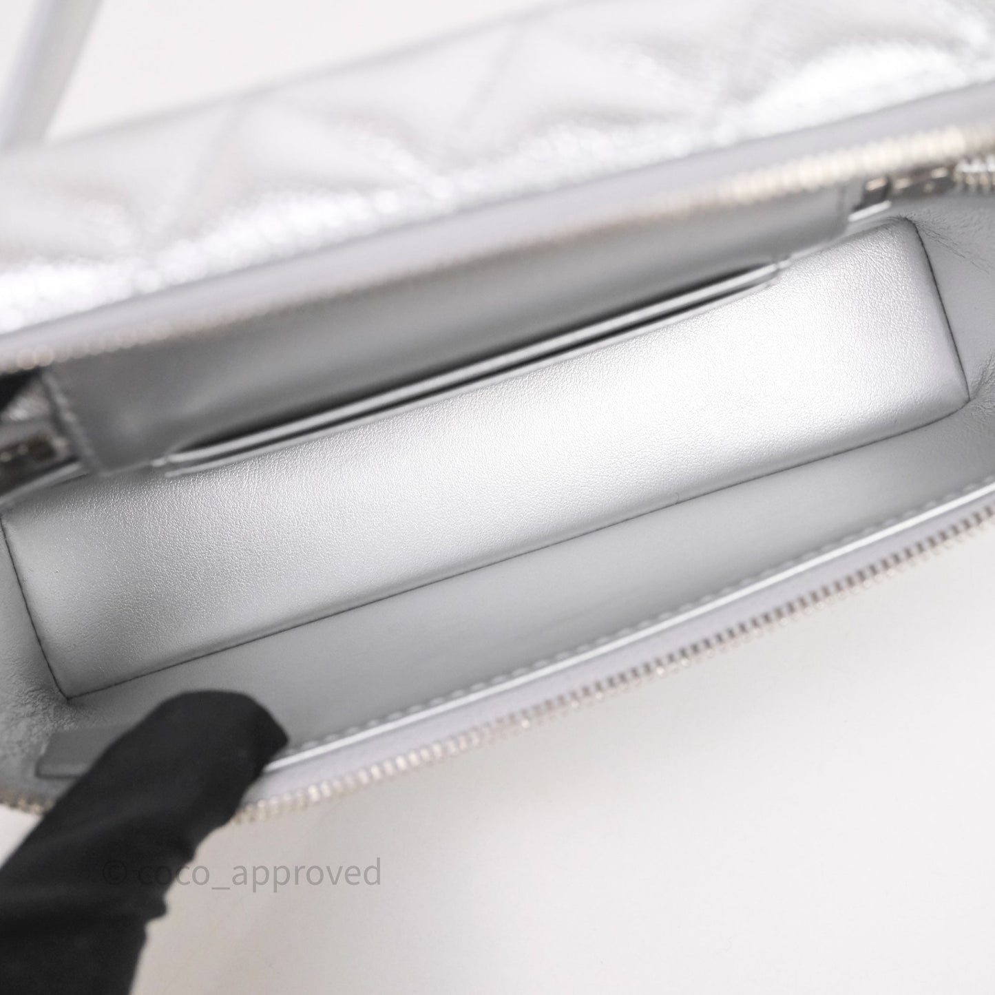 Chanel Top Handle Long Vanity Case with Chain Metallic Silver Shiny Caviar Silver Hardware
