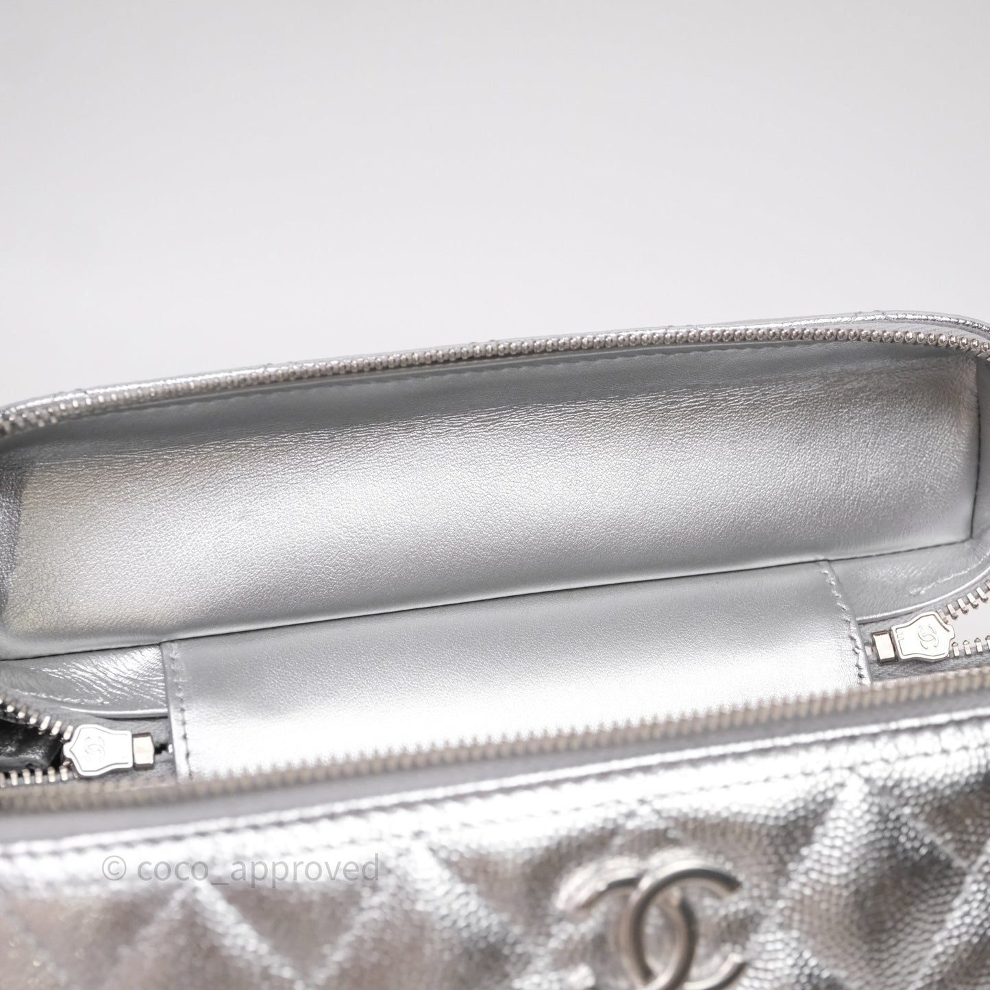 Chanel Top Handle Long Vanity Case with Chain Metallic Silver Shiny Caviar Silver Hardware