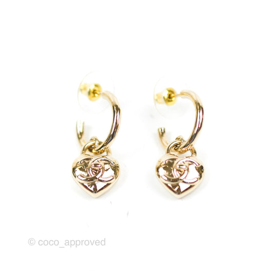 Chanel Heart CC Drop Hoop Earrings Gold Tone 23V