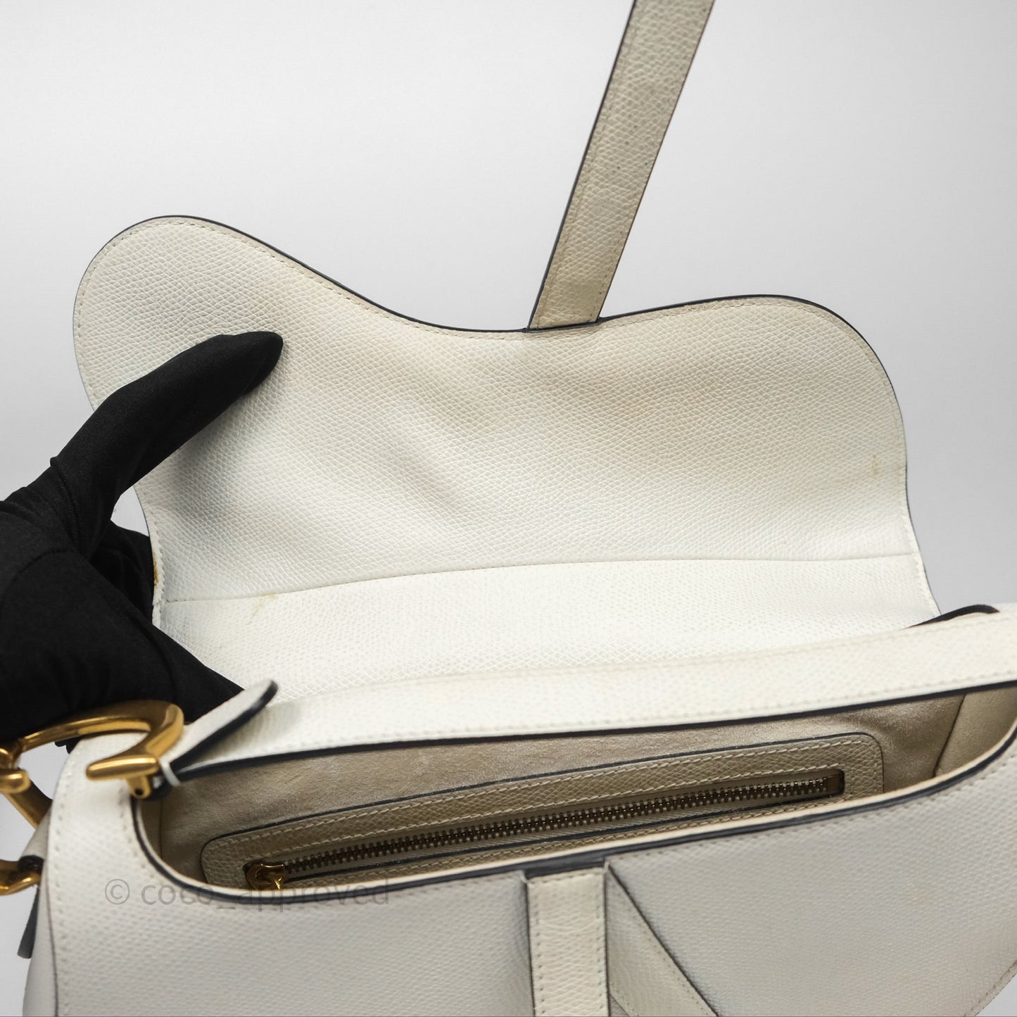 Christian Dior Saddle Bag White Grained Calfskin Gold Hardware
