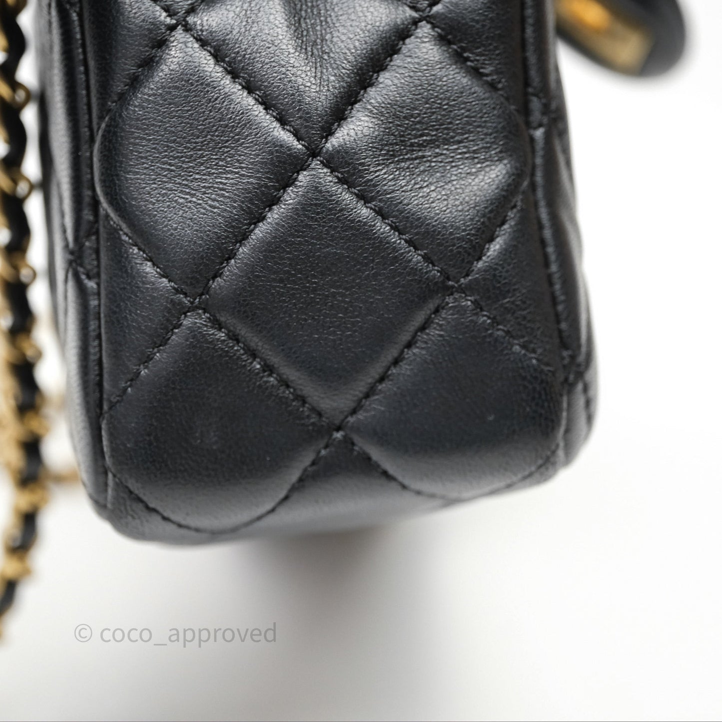 Chanel Mini Rectangular Pearl Crush Quilted Black Lambskin Aged Gold Hardware
