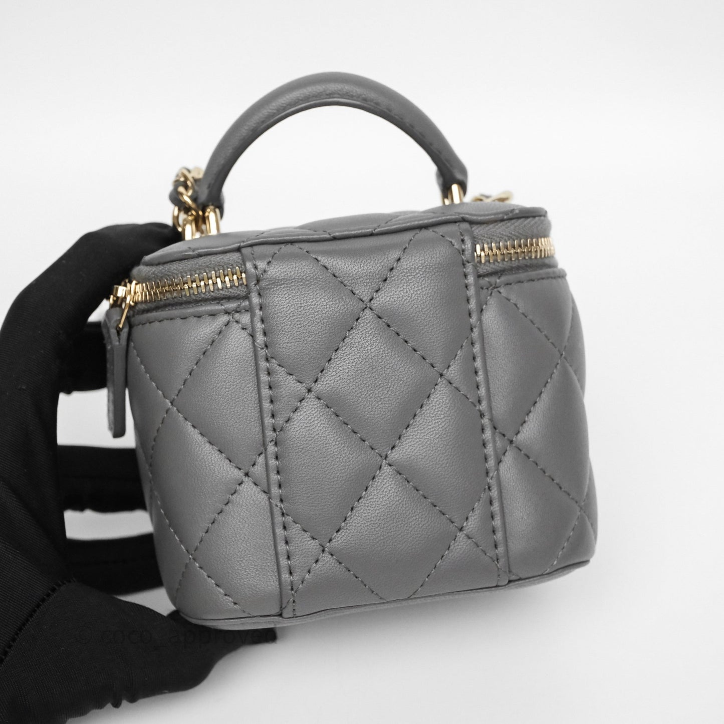 Chanel Mini Top Handle Vanity With Chain Grey Lambskin Gold Hardware