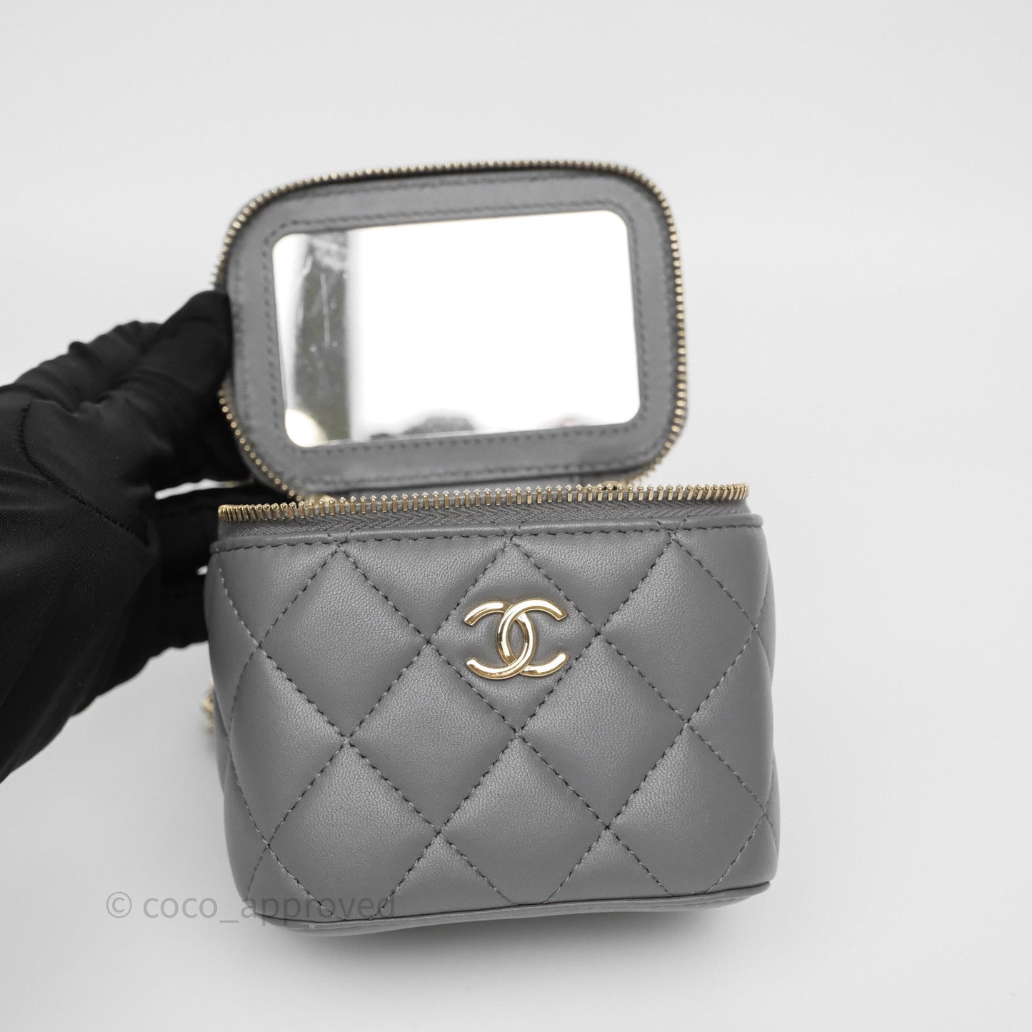 Chanel Mini Top Handle Vanity With Chain Grey Lambskin Gold Hardware