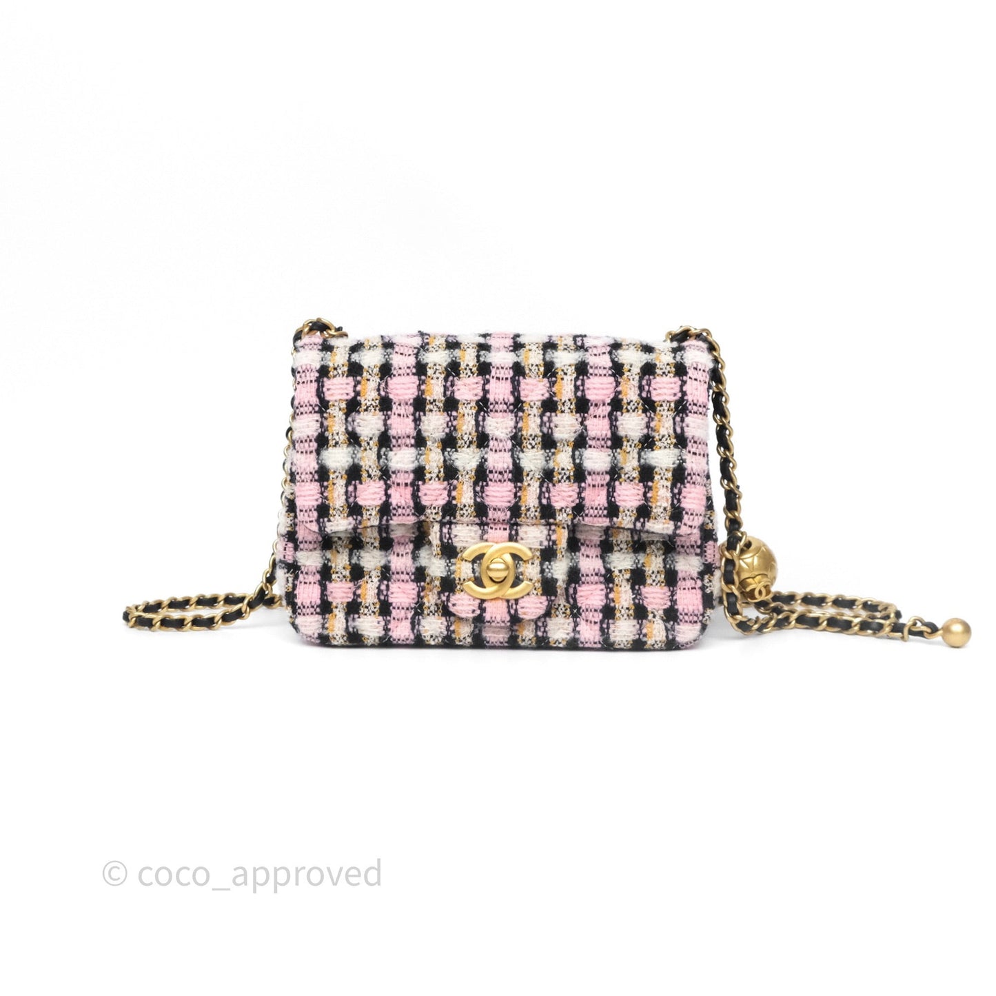 Chanel Pearl Crush Mini Square Pink/ White/ Black Tweed Aged Gold Hardware