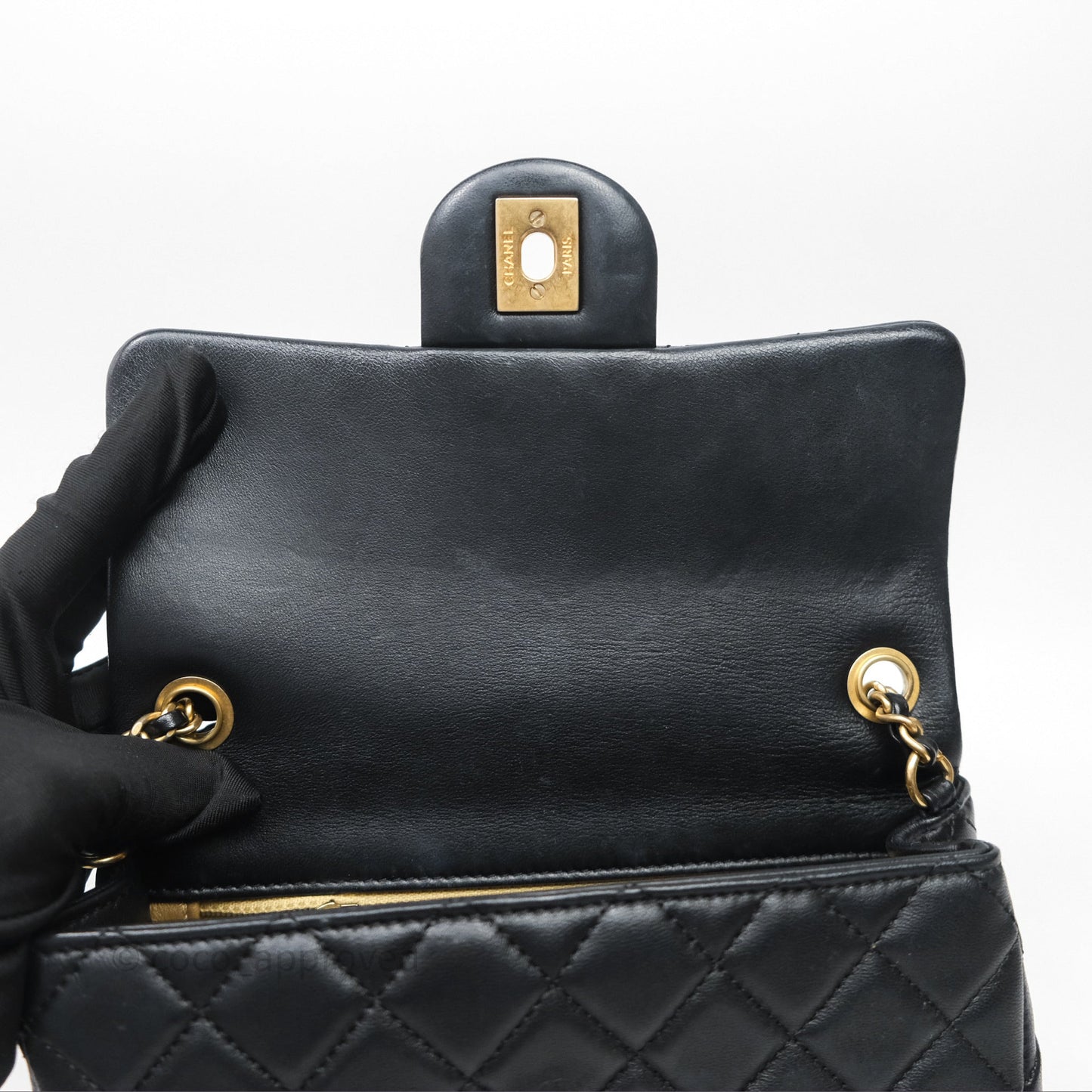 Chanel Mini Rectangular Pearl Crush Quilted Black Lambskin Aged Gold Hardware