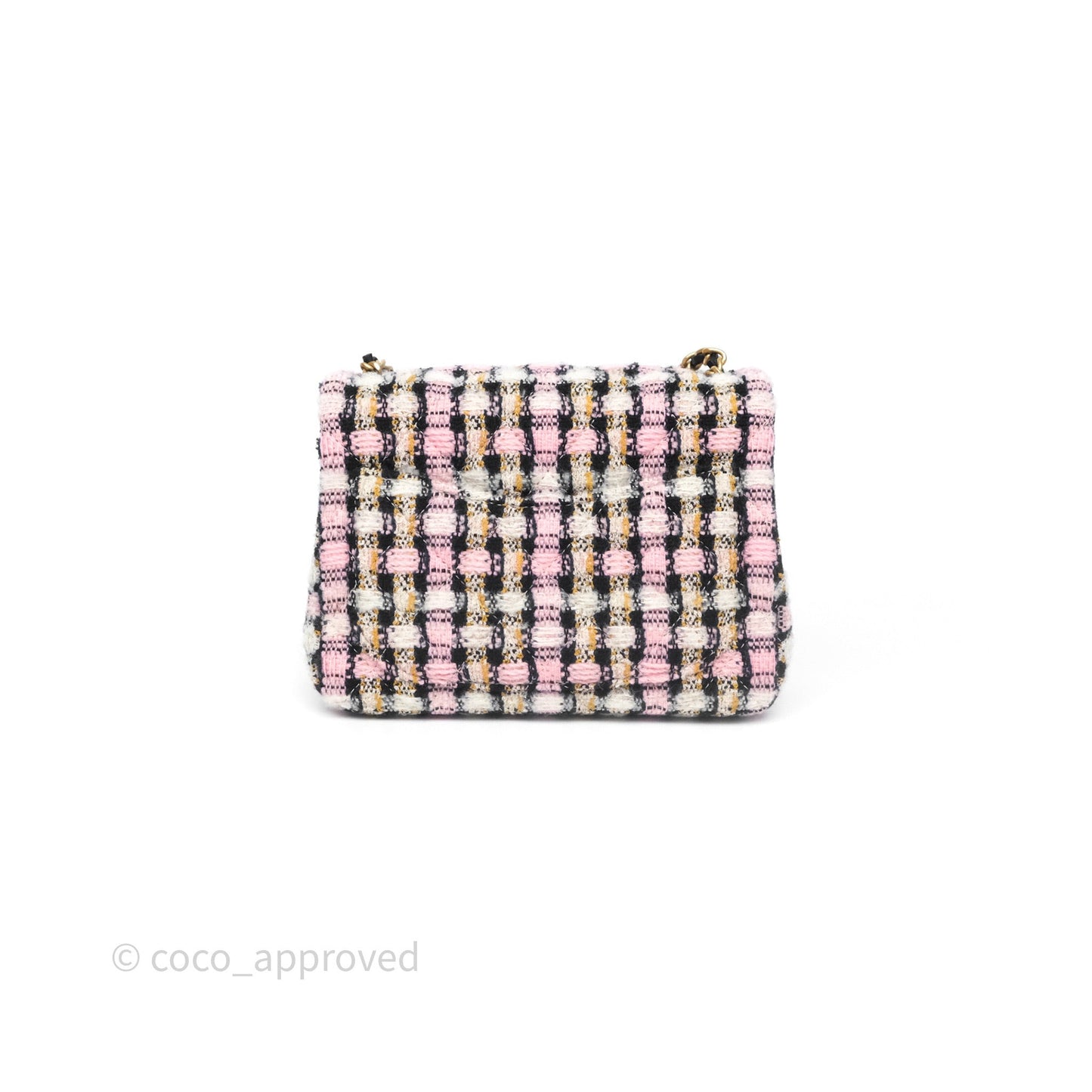 Chanel Pearl Crush Mini Square Pink/ White/ Black Tweed Aged Gold Hardware