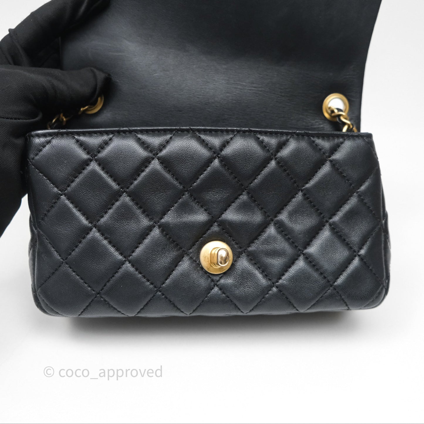 Chanel Mini Rectangular Pearl Crush Quilted Black Lambskin Aged Gold Hardware