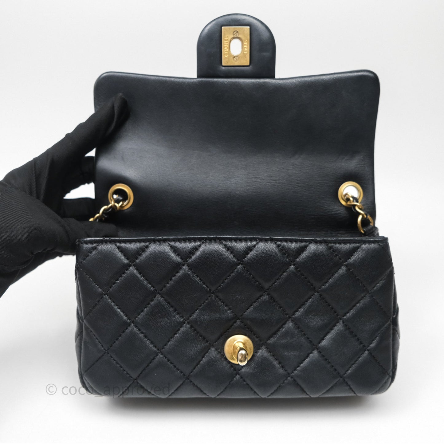 Chanel Mini Rectangular Pearl Crush Quilted Black Lambskin Aged Gold Hardware