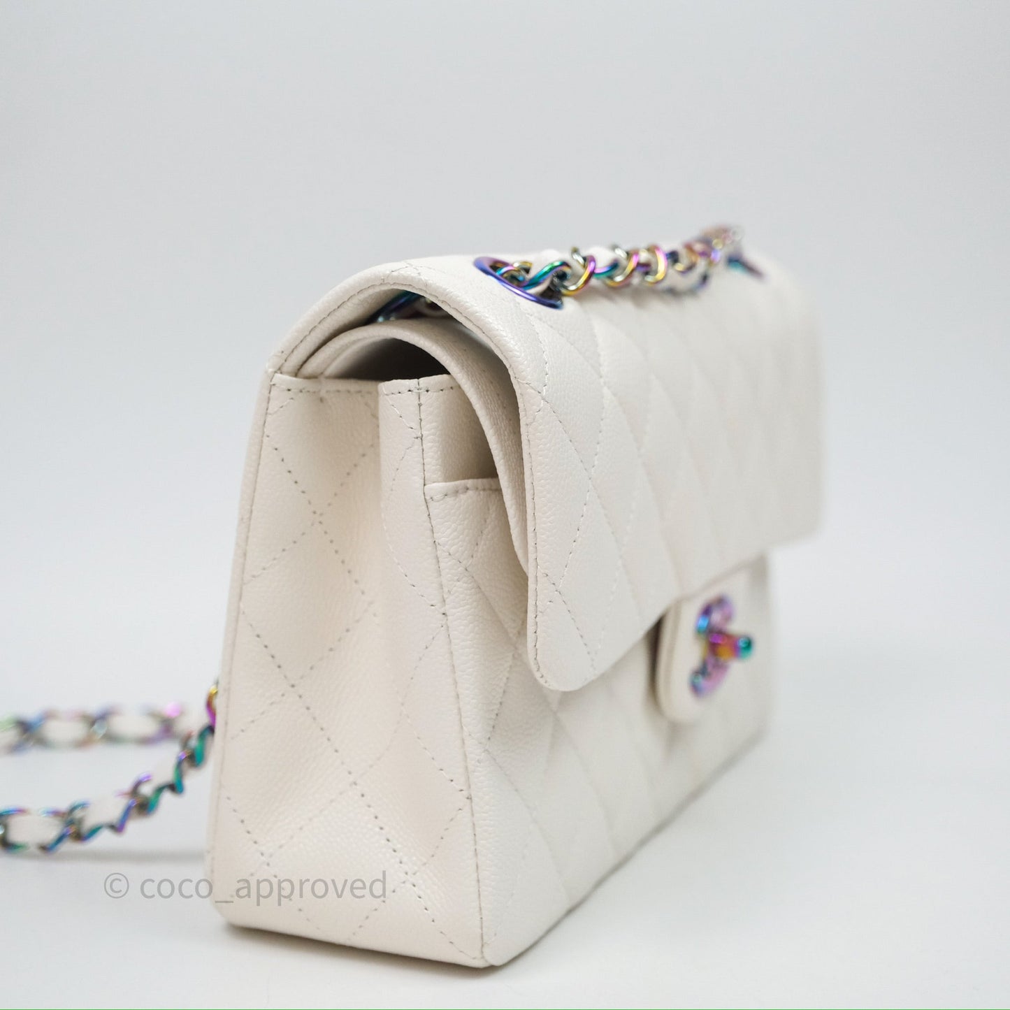 Chanel Classic Flap Small Ivory White Caviar Rainbow Hardware
