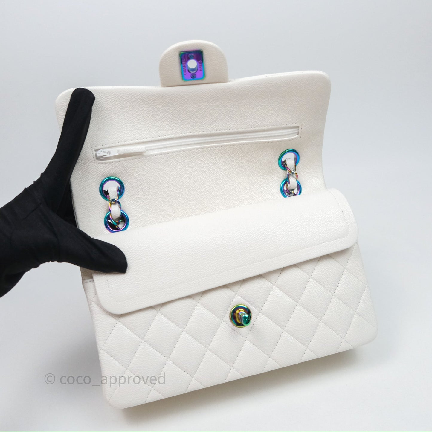 Chanel Classic Flap Small Ivory White Caviar Rainbow Hardware