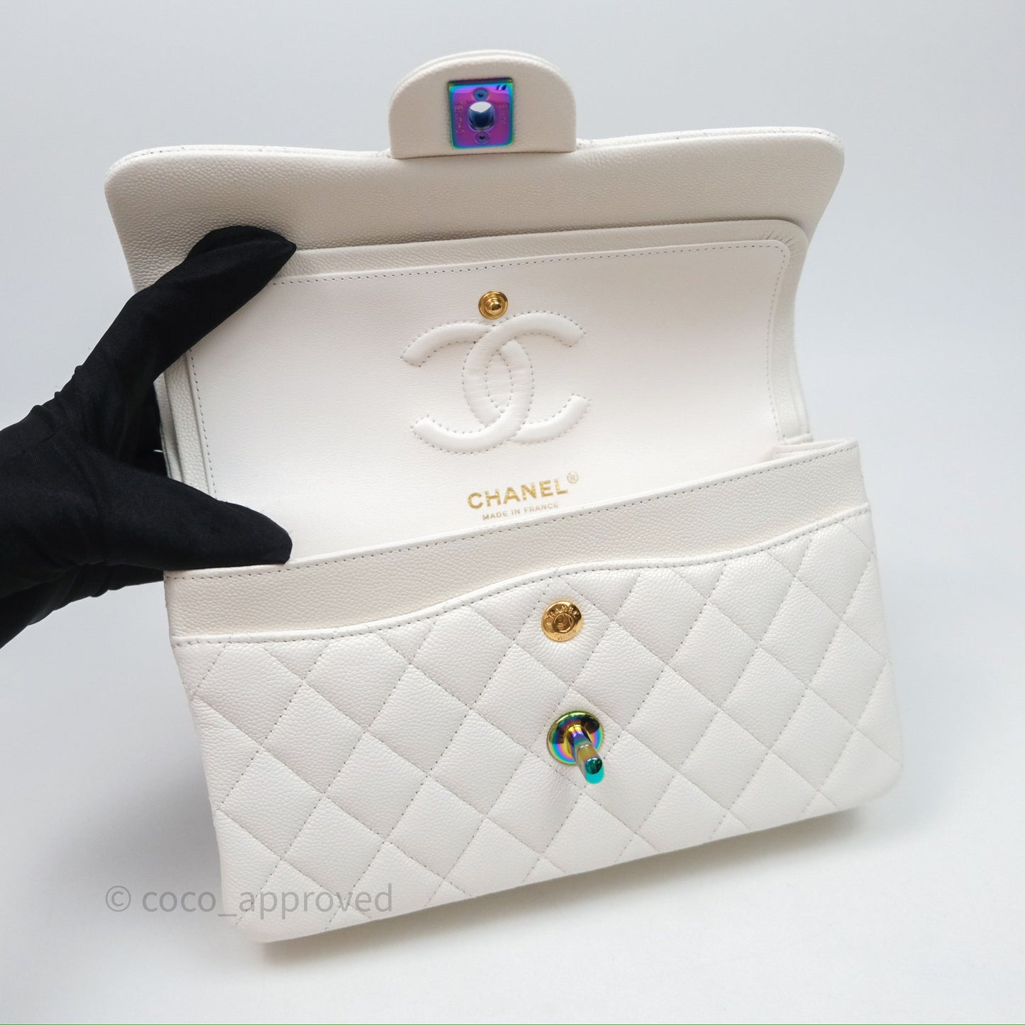 Chanel Classic Flap Small Ivory White Caviar Rainbow Hardware