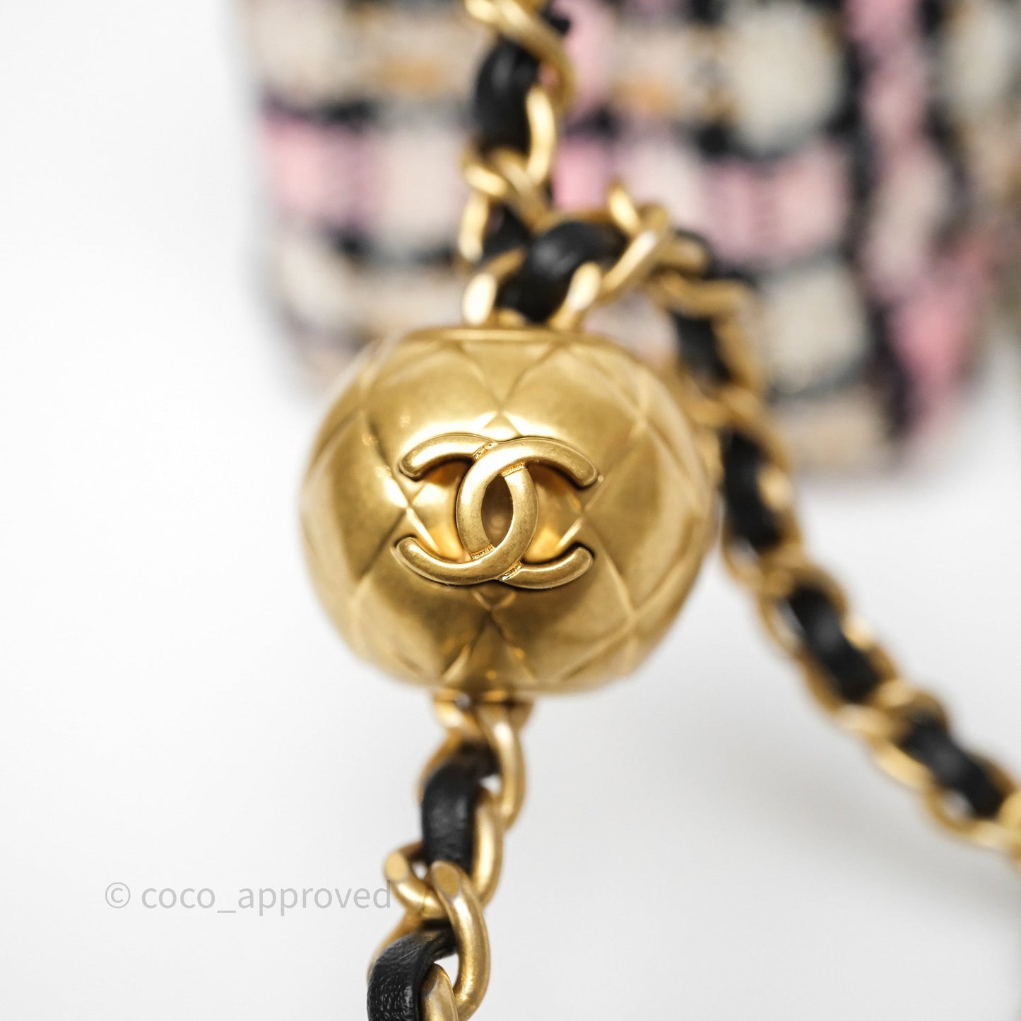 Chanel Pearl Crush Mini Square Pink/ White/ Black Tweed Aged Gold Hardware