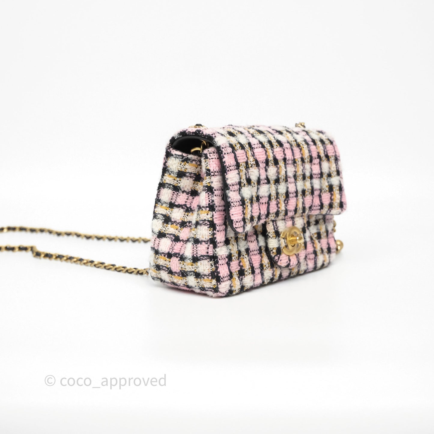Chanel Pearl Crush Mini Square Pink/ White/ Black Tweed Aged Gold Hardware