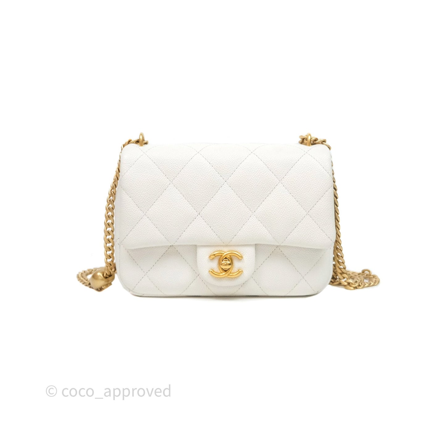 Chanel Mini Flap Bag Heart Adjustable Chain White Caviar Aged Gold Hardware