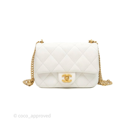 Chanel Mini Flap Bag Heart Adjustable Chain White Caviar Aged Gold Hardware