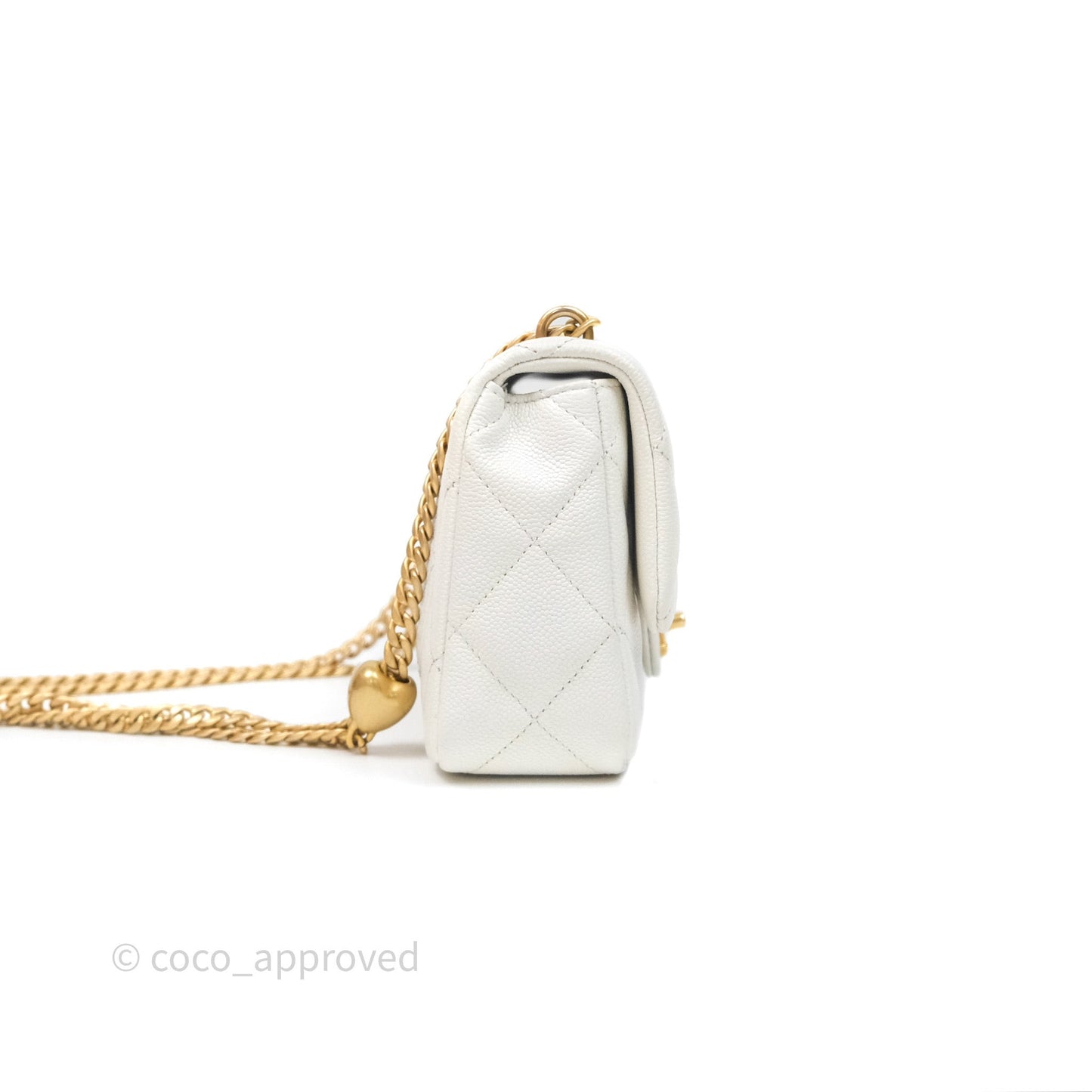 Chanel Mini Flap Bag Heart Adjustable Chain White Caviar Aged Gold Hardware