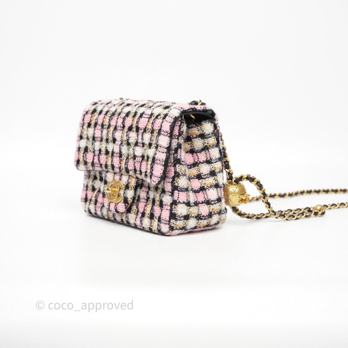 Chanel Pearl Crush Mini Square Pink/ White/ Black Tweed Aged Gold Hardware