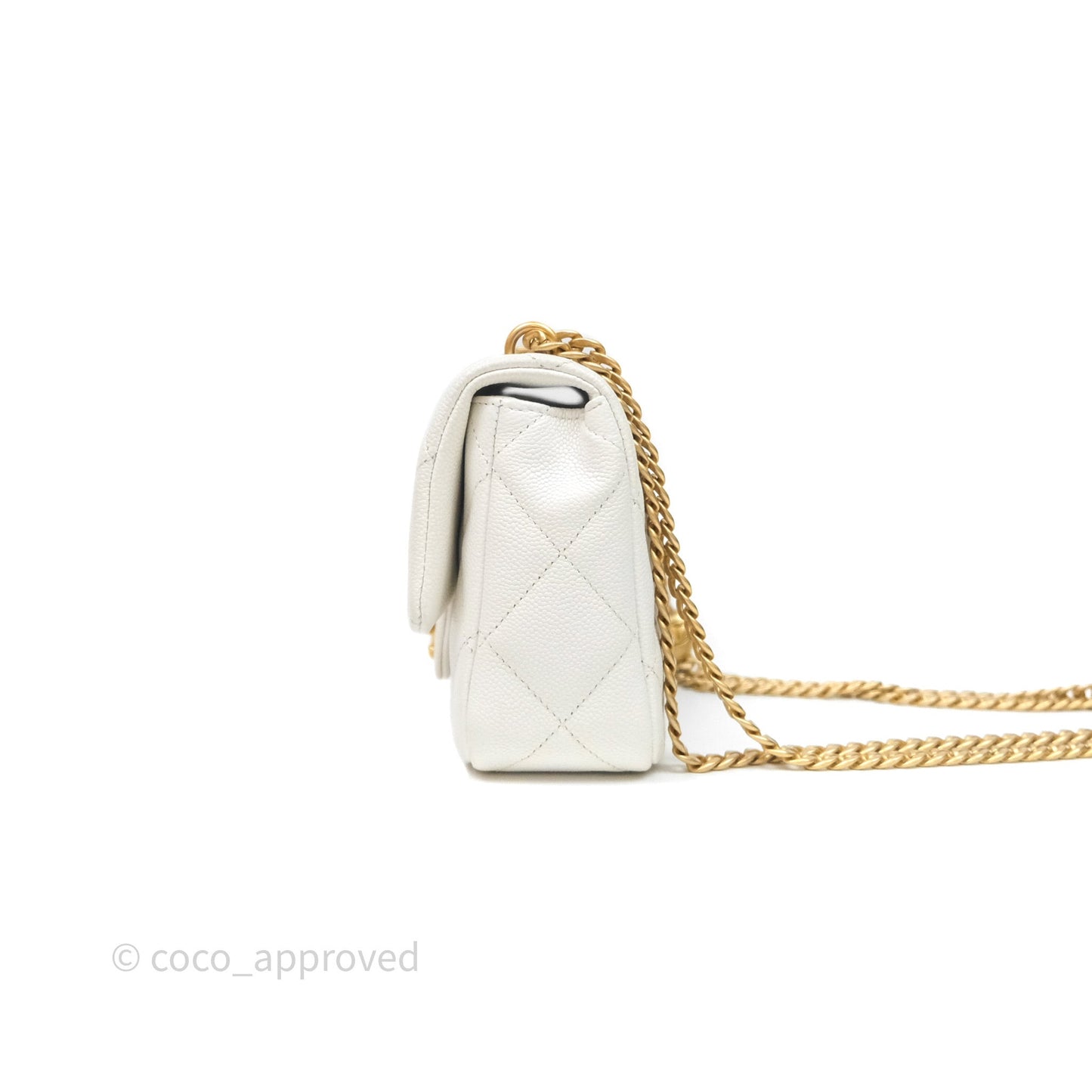 Chanel Mini Flap Bag Heart Adjustable Chain White Caviar Aged Gold Hardware