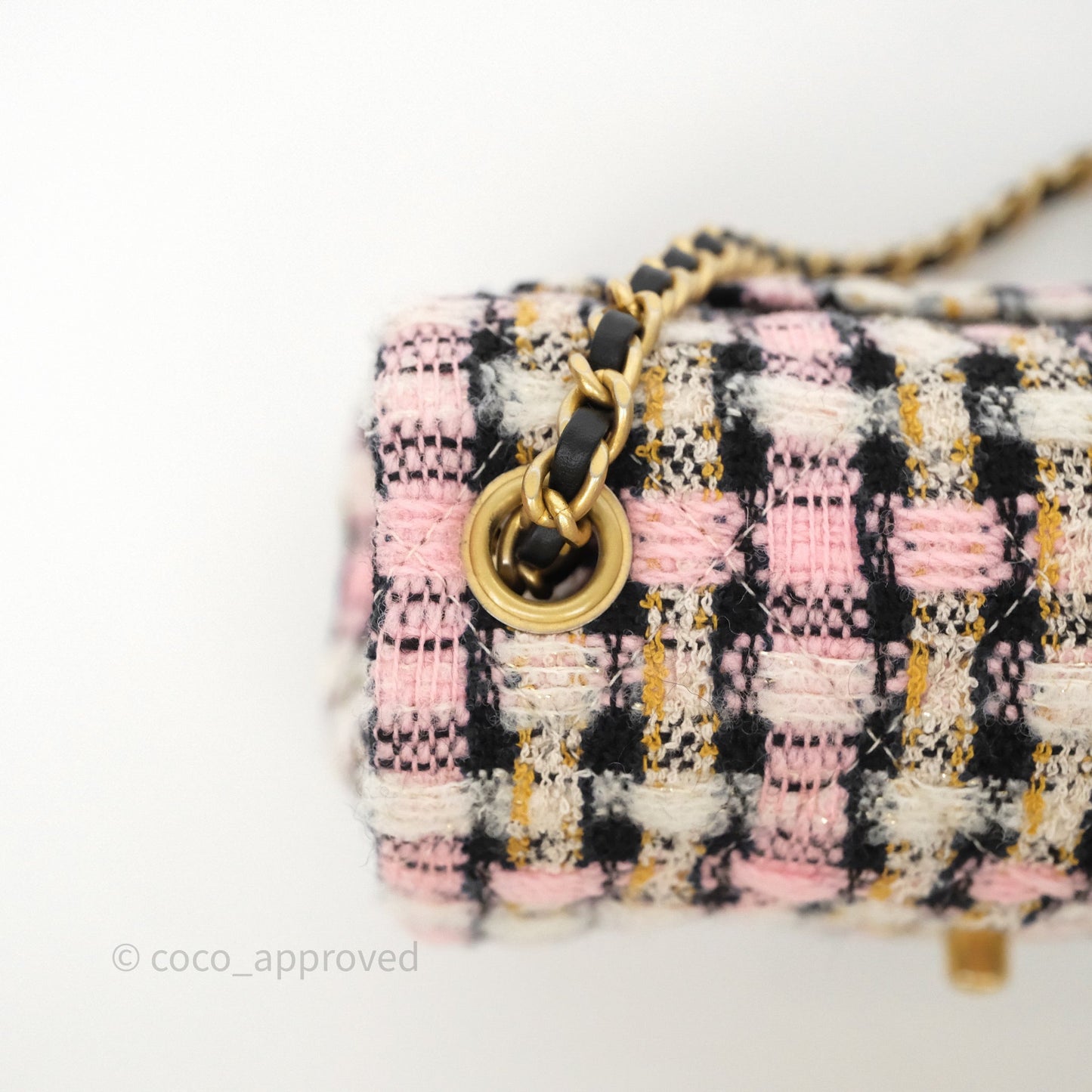Chanel Pearl Crush Mini Square Pink/ White/ Black Tweed Aged Gold Hardware